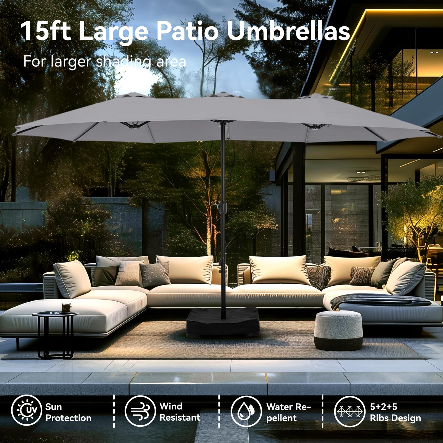 PHI VILLA 15ft Large Patio Umbrellas with Base, Outdoor Double-Sided Rectangle Market Umbrella for Pool Lawn Garden, Light Gray