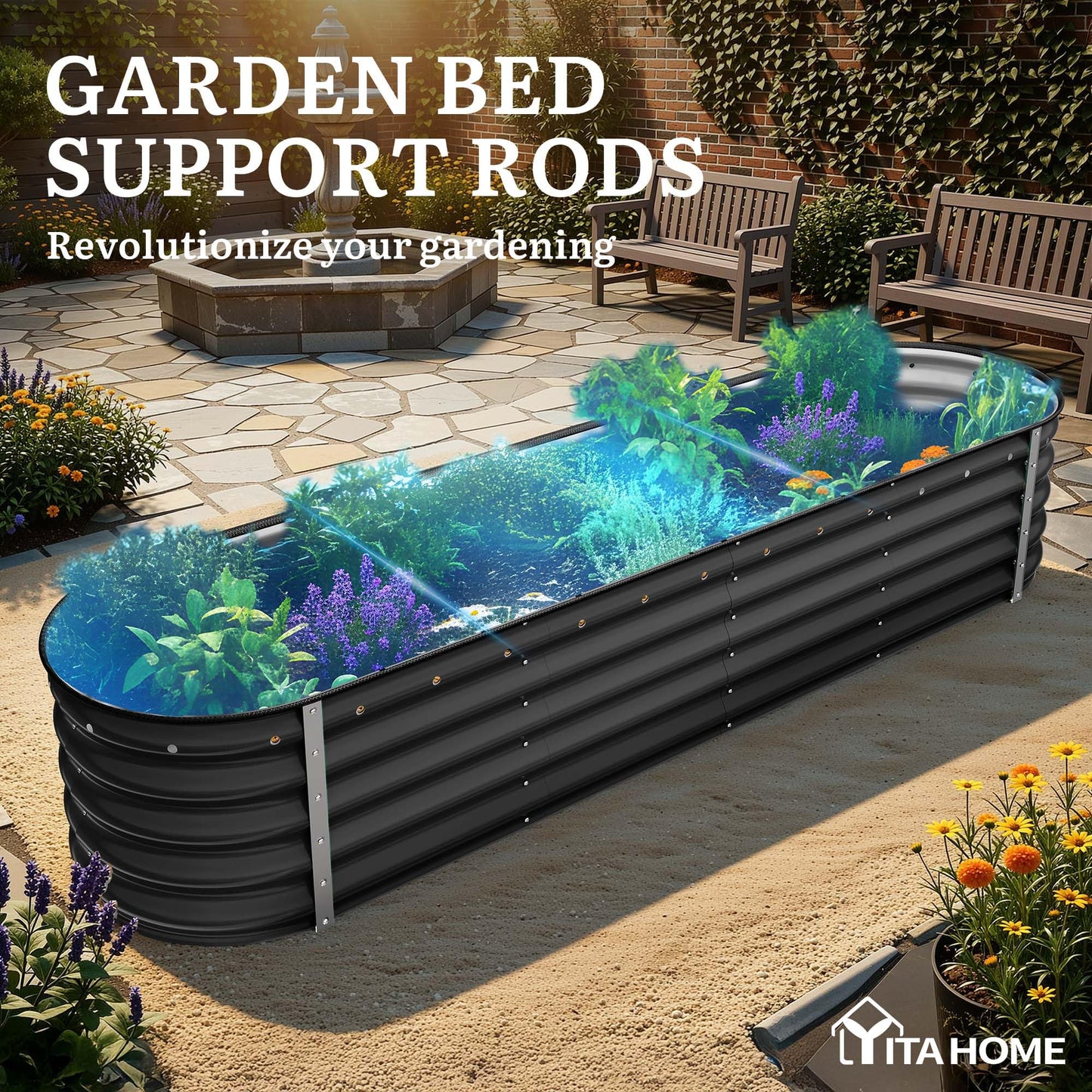 YITAHOME 8x2x1.5ft Raised Garden Bed Kit, 17" Tall 9 in 1 Large Galvanized Metal Planter Box with Gloves & Safety Rubber, Outdoor Flower Bed for Plants Vegetables Flowers, Black