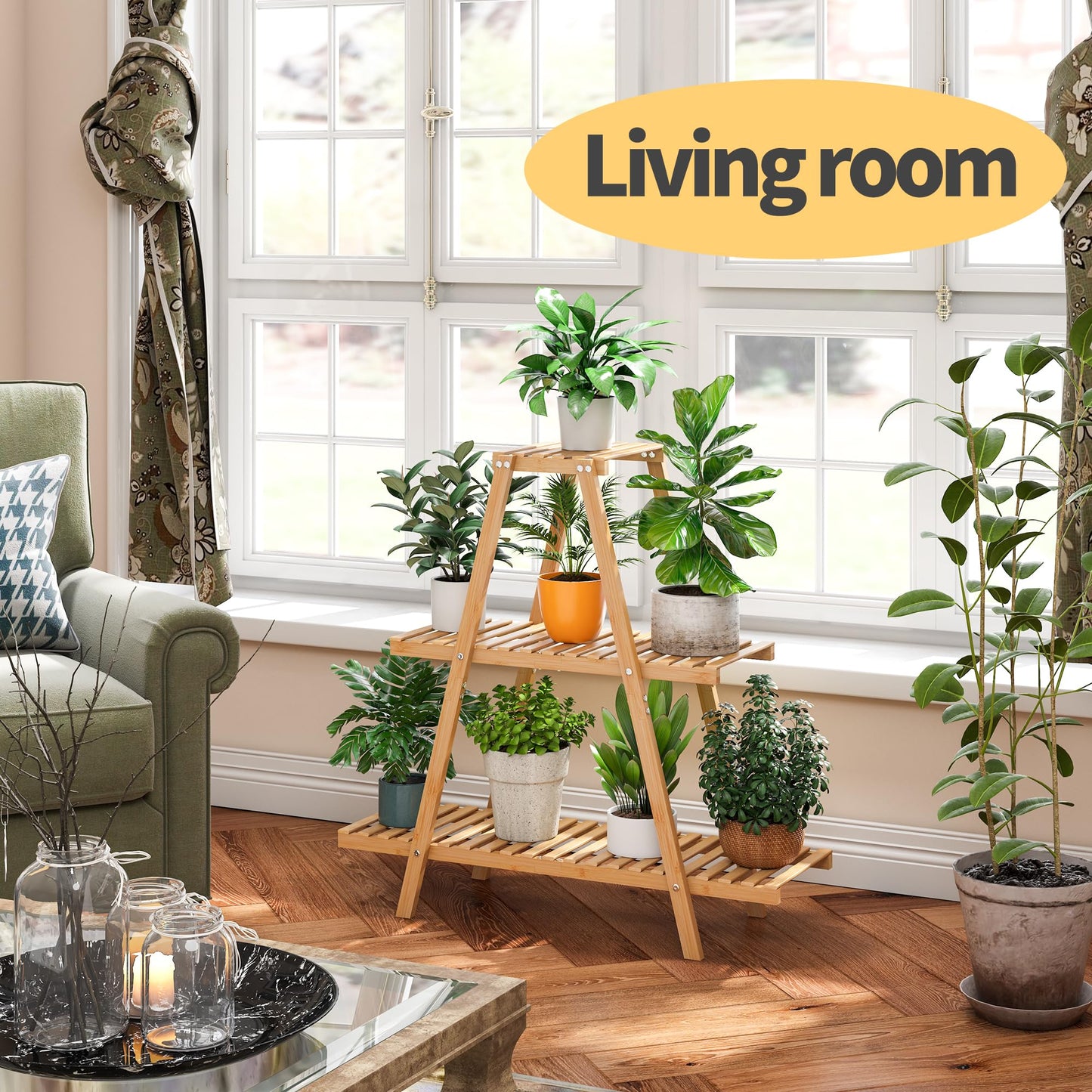Furshus Bamboo Plant Stand - Indoor/Outdoor 3 Tier Plant Ladder, 8 Potted Flower Holder, Natural