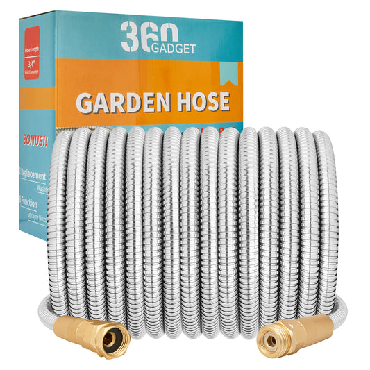 360 GADGET Garden Hose Metal - 50ft Heavy Duty Stainless Steel Water Hose with 8 Function Sprayer & Metal Fittings, Flexible, Lightweight, No Kink, Puncture Proof Hose for Yard, Outdoors, Rv