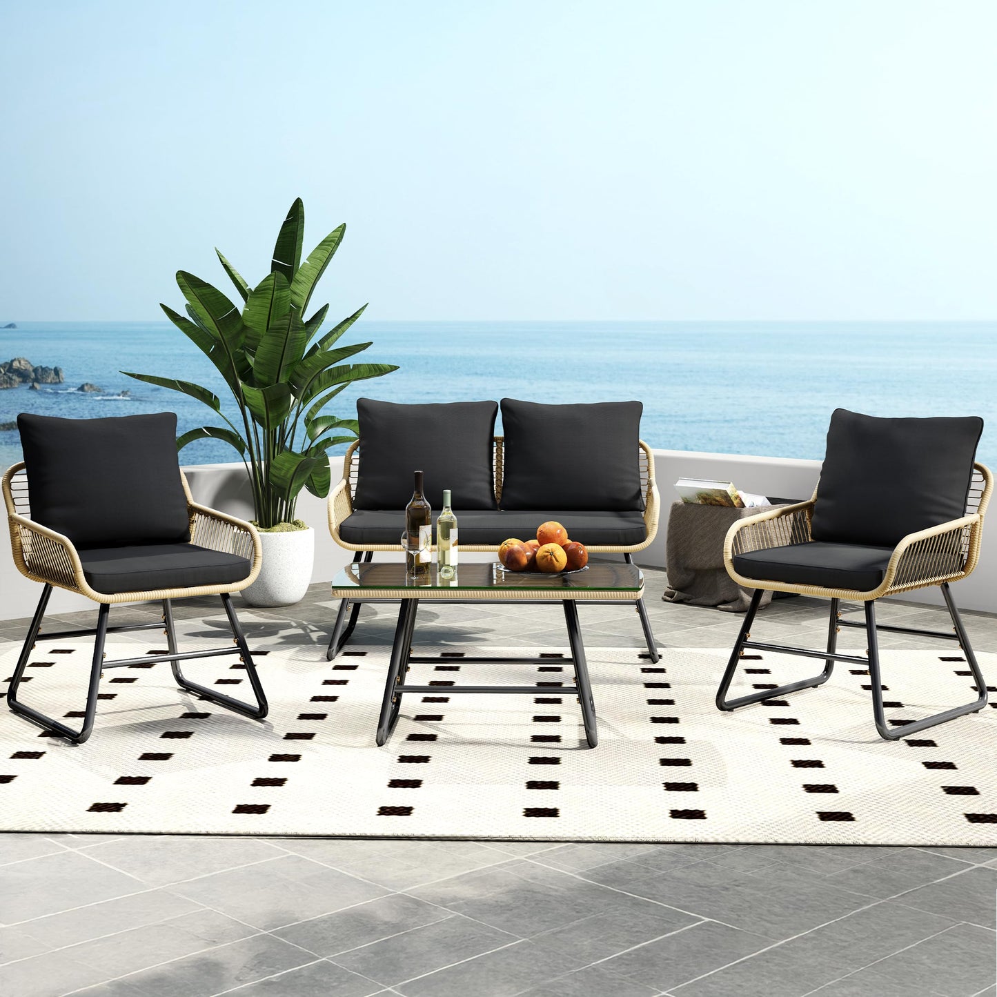 Yaheetech 4 Piece Patio Furniture Set, Outdoor Wicker Conversation Sets, Boho Loveseat & 2 Armchairs with Cushion and Pillow, Glass Top Table for Backyard, Porch, Balcony, Deck - Tan/Black