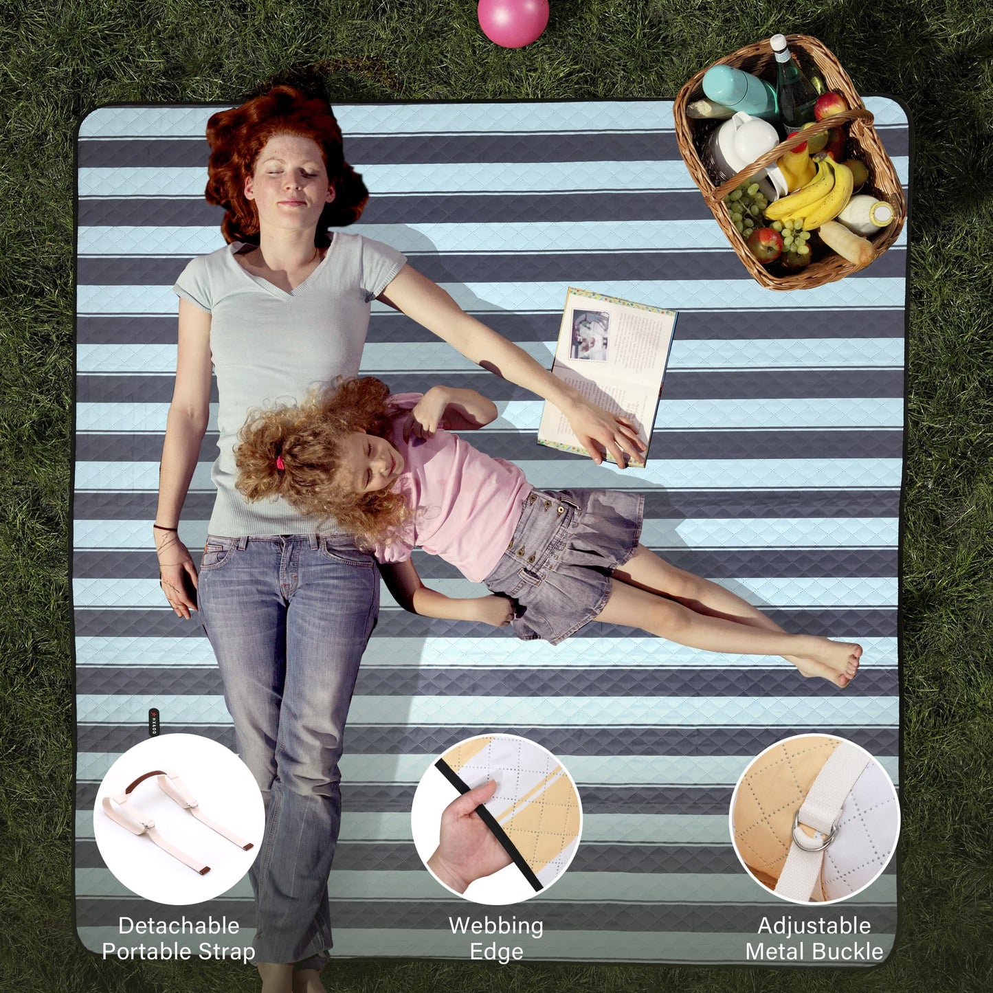 HX&OD Extra Large Picnic Outdoor Blanket, 80”x80” Waterproof Picnic Mat Foldable Camping Blanket Portable with Carry Strap for Beach Mat Outdoor Camping Party(Grey&Green)