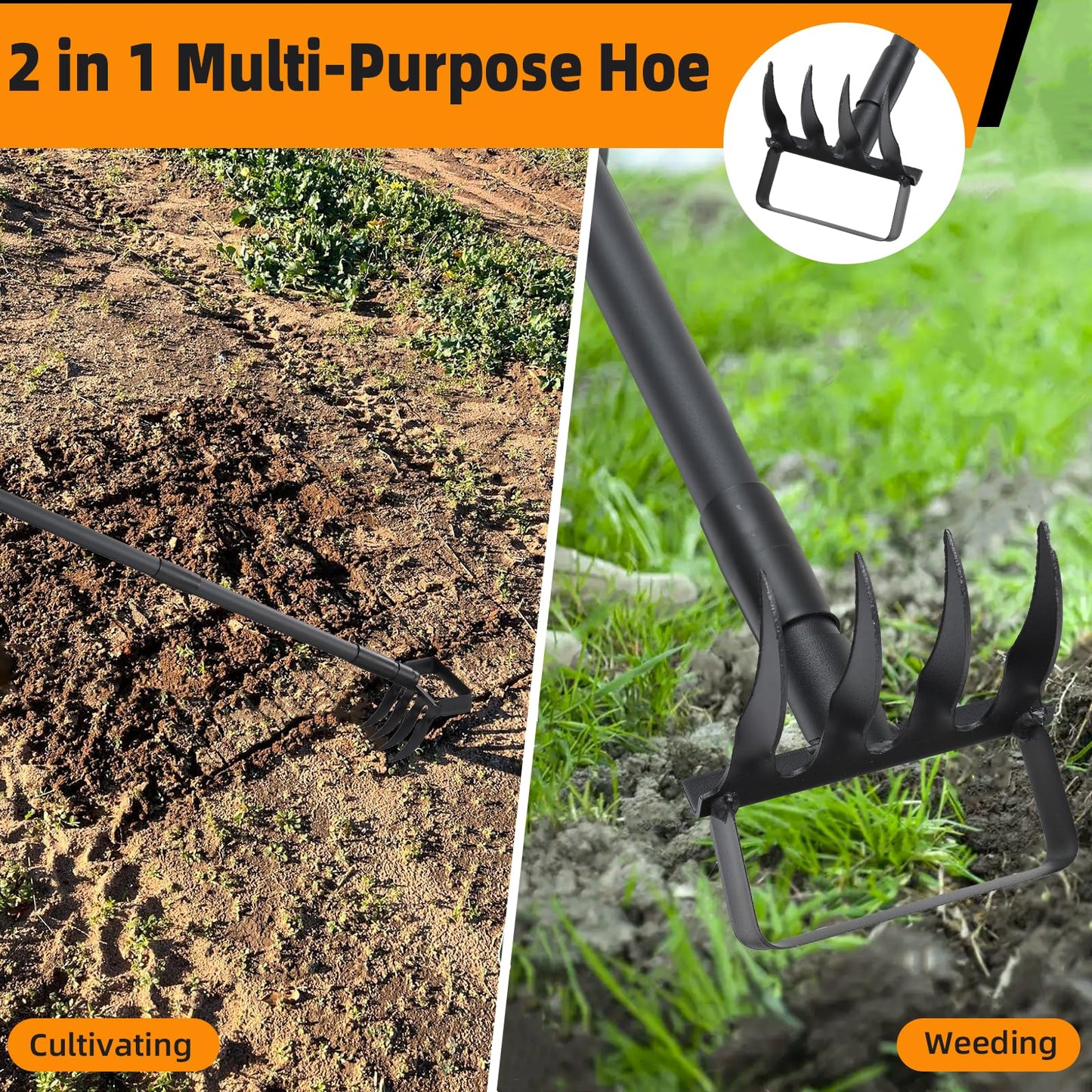 Weed Puller with 62.6” Adjustable Long Handle, Heavy Duty Stirrup Hoe, 4 Tines 2 in 1 Garden Cultivator for Weeding and Soil Loosening, Black