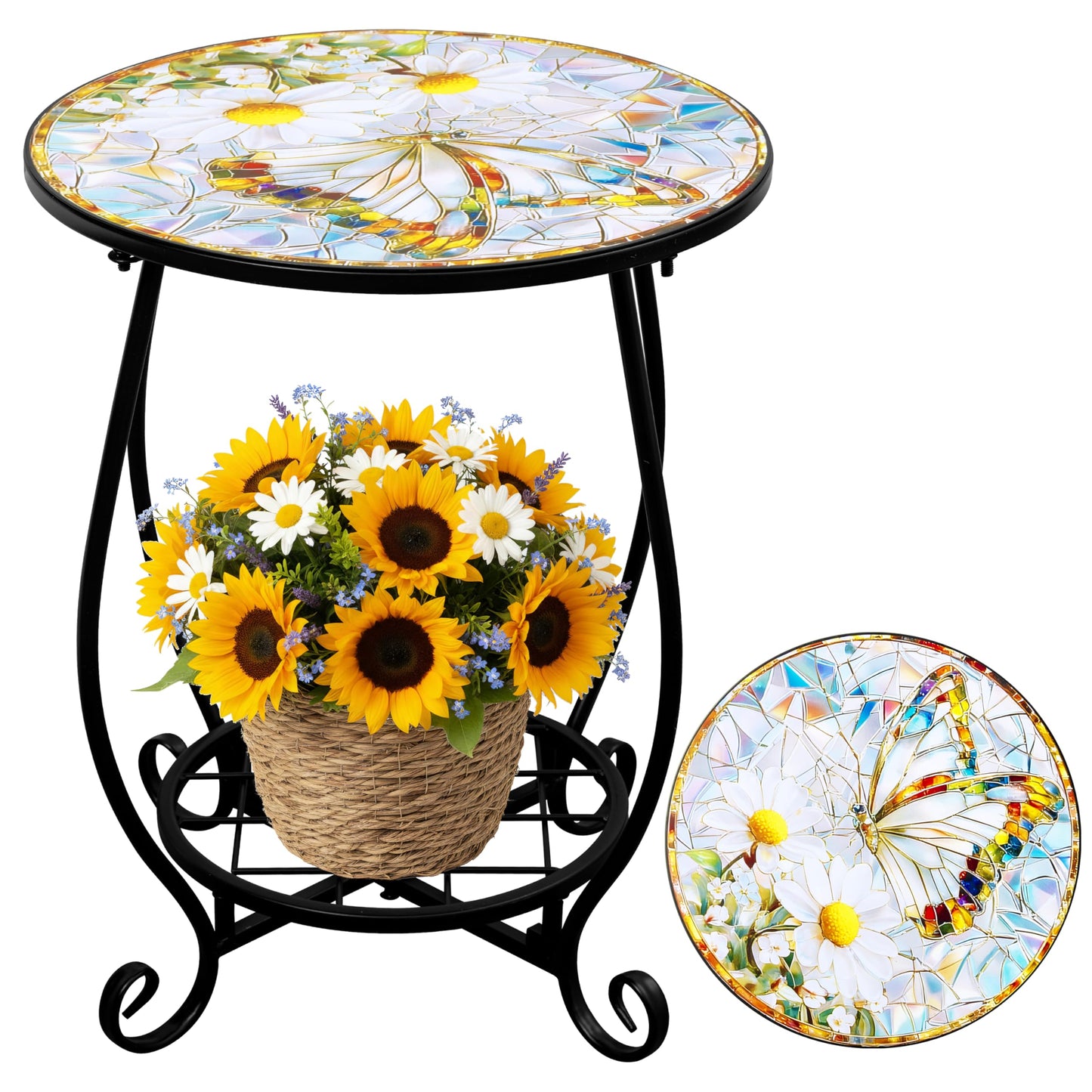 GQIRIL Outdoor Patio Side Table - 14" Metal Small Round Coffee Tables, Flower Butterfly Style Accent Stand End Snack Desk for Indoor Outside Balcony Yard Porch Bedside Poolside Garden Home Decoration