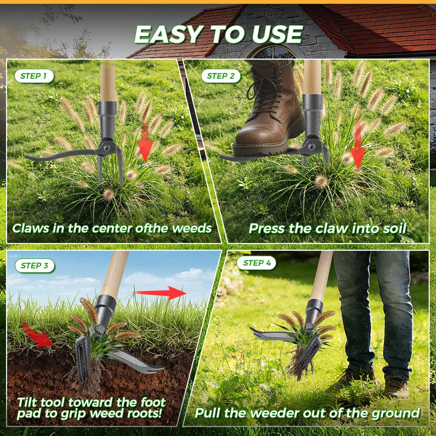 RexWeed Weed Puller Tool, Stand Up Heavy Duty Root Removal Tool with 4-Claw Head & Long Handle, Garden Hand Weeding Tool - Easily Remove Weeds Without Bending, Pulling,or Kneeling