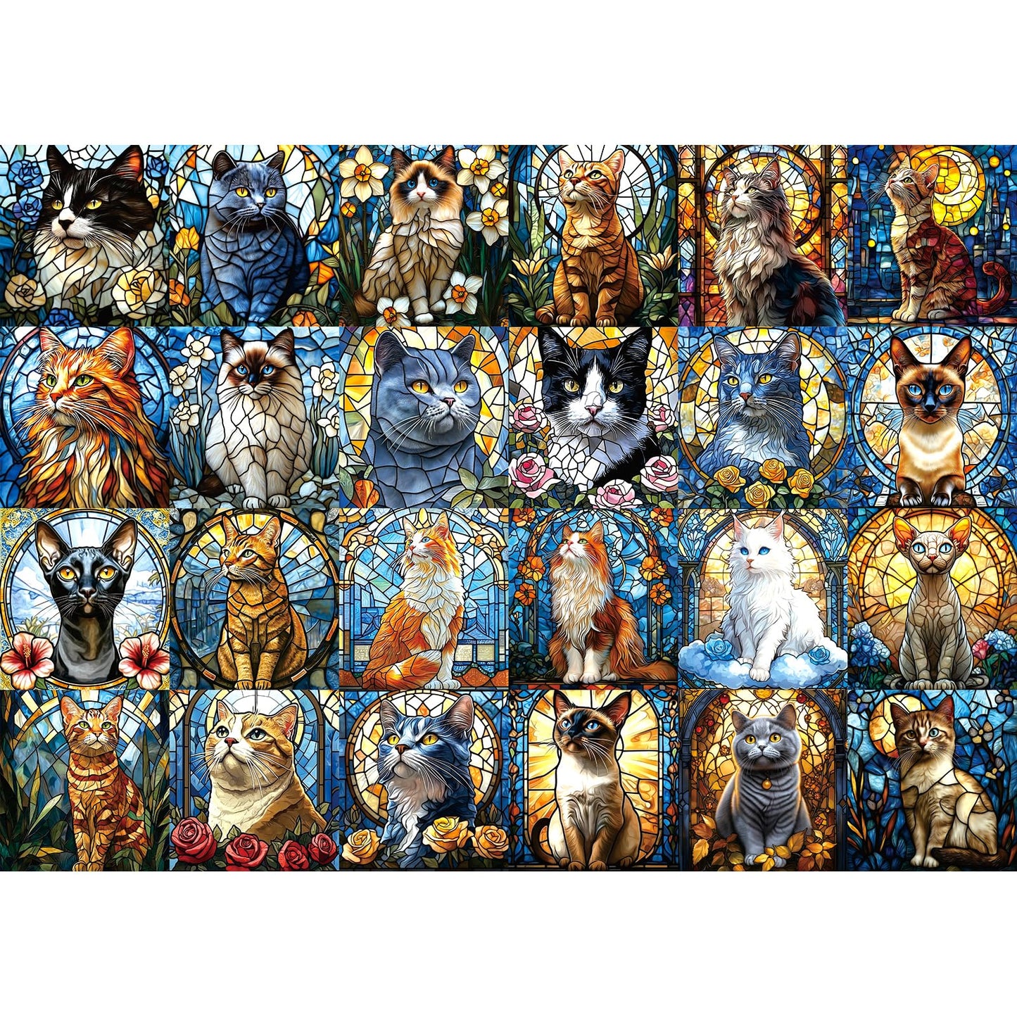 Blueforest 1000 Piece Puzzle for Adults - Stained Glass Cats Mosaic Art Jigsaw Puzzle with Poster, Game Night Gift (27.6x19.7 Inch)