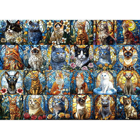 Blueforest 1000 Piece Puzzle for Adults - Stained Glass Cats Mosaic Art Jigsaw Puzzle with Poster, Game Night Gift (27.6x19.7 Inch)