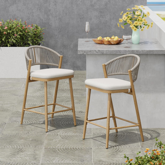 Christopher Knight Home Hearth 26.00" Patio Barstools Set of 2, Woven Wicker Counter Stool, Aluminum Frame Barstool, PE Rattan Scallop-Shape Backrest Woodlike Stool for Backyard Balcony Garden, Maple