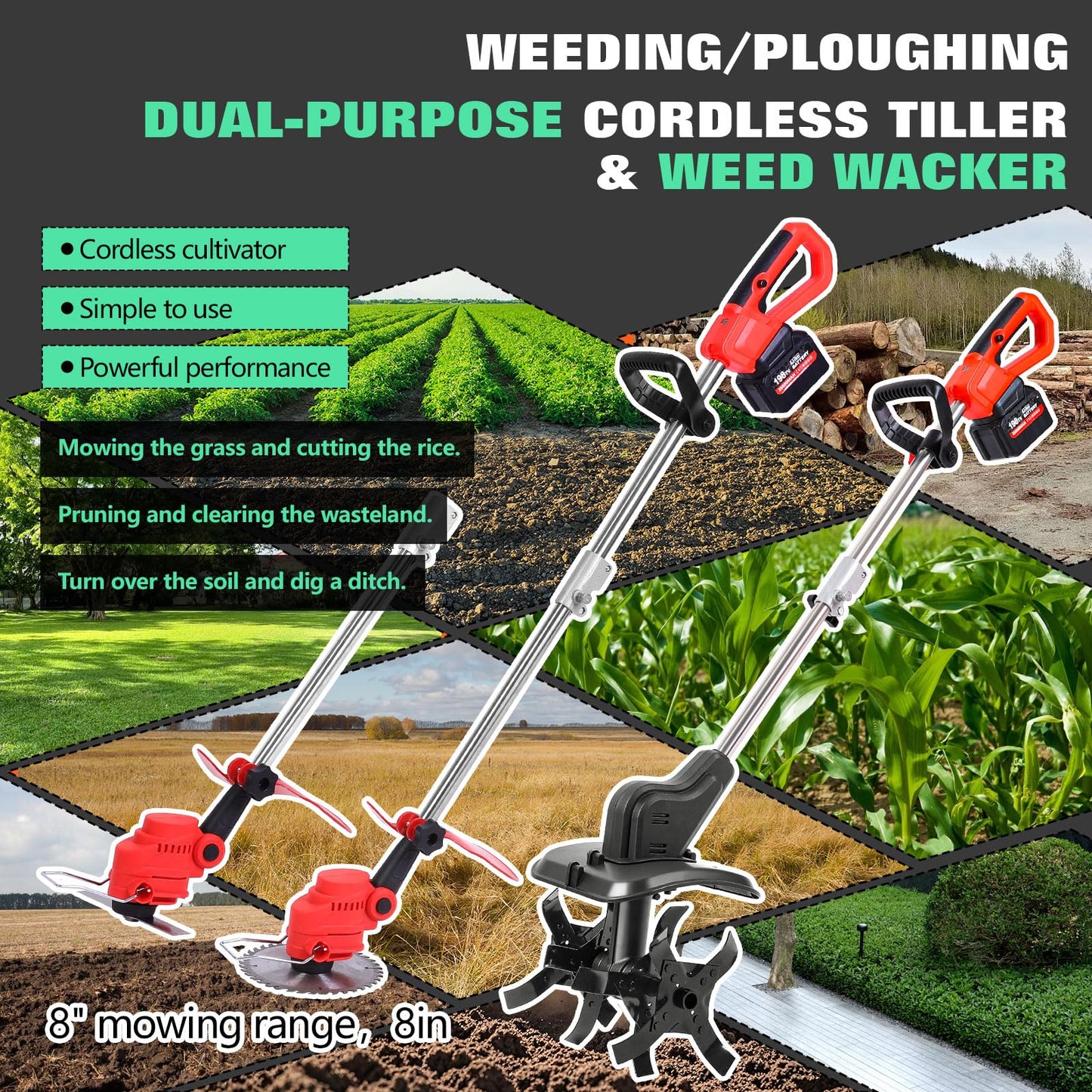 Cordless 2-in-1 Tiller & Weed Whacker Combo, 800W Brushless Motor, 12"x9" Rototiller, 8" Trimmer, 2x21v 6.0Ah Battery, Electric Weed Eater & Garden Tiller, Perfect for Lawn Care & Gardening Tools