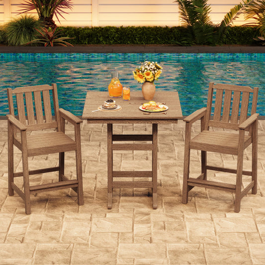 Garvee 3-Piece Outdoor Adirondack Bar Set, Patio Bar Table with 2 Bar Chairs, HDPE All-Weather Patio Bar Furniture Set with Umbrella Hole, for Balcony, Backyard, Poolside, Bistro