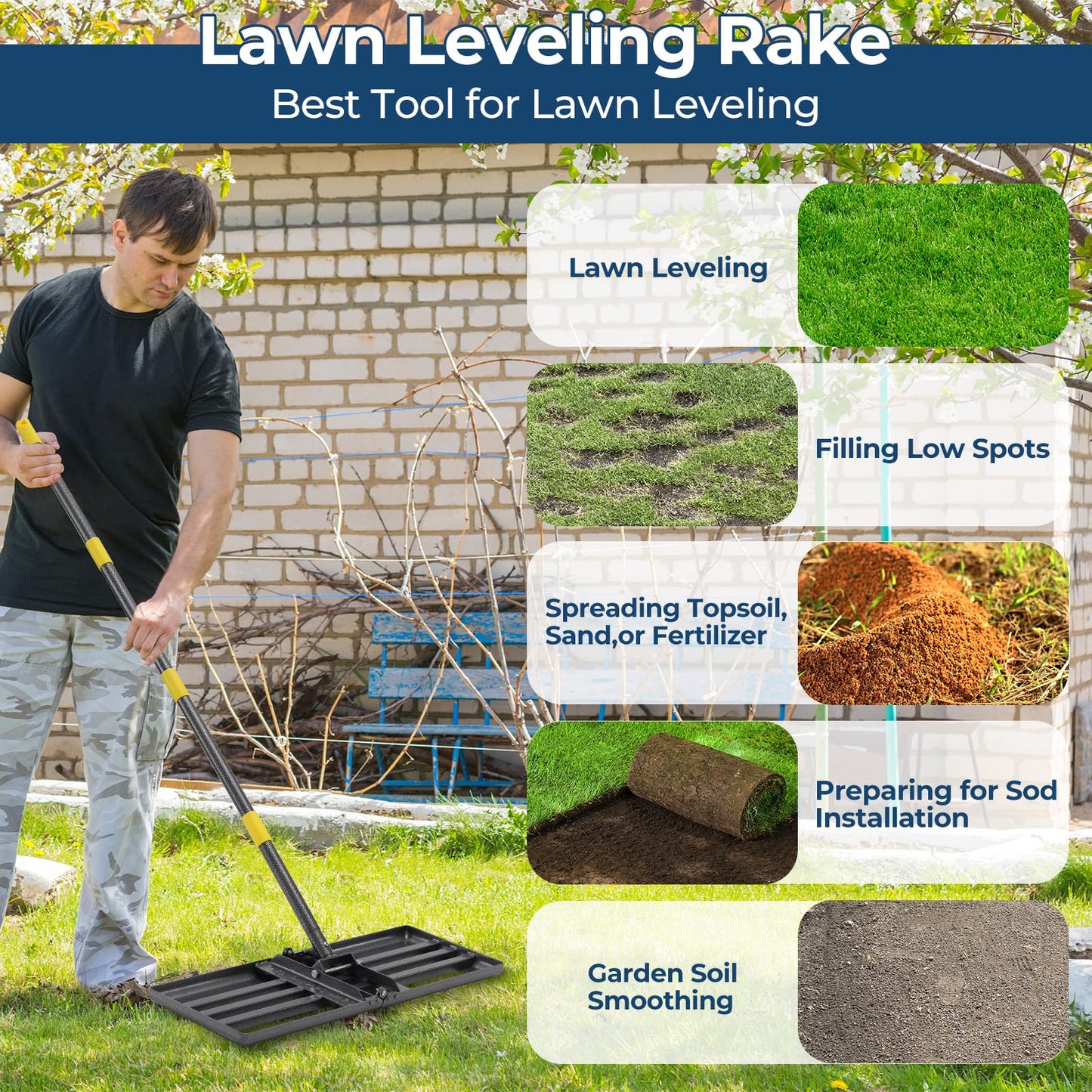 Professional Lawn Leveling Rake 30x10 Heavy Duty - Oversized Leveling Tool with 80" Stainless Steel Handle, Foldable Landscape Grading Rake for Soil Sand Topdressing & Seeding