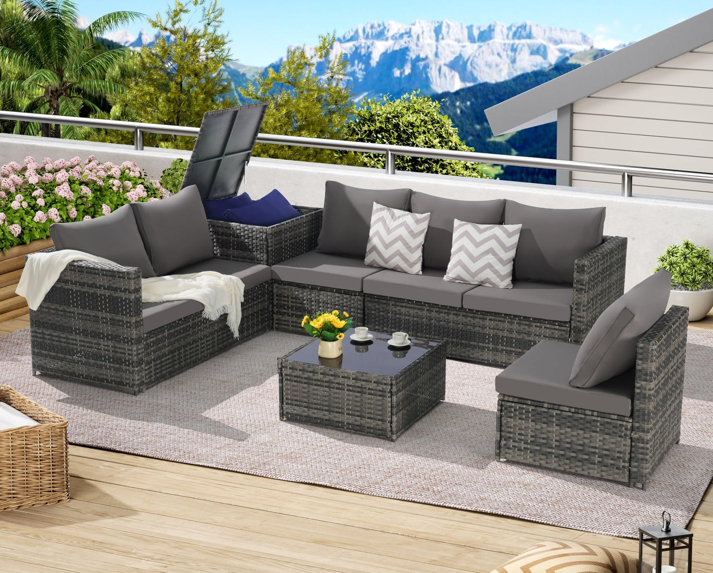 KEIKI 6Pcs Outdoor Patio Sectional Couch Sofa Conversation Furniture Sets with Chair, Storage Corner Cabinet, Glass Top Coffee Table & Cushion, Wicker Woven Seating for Backyard Lawn