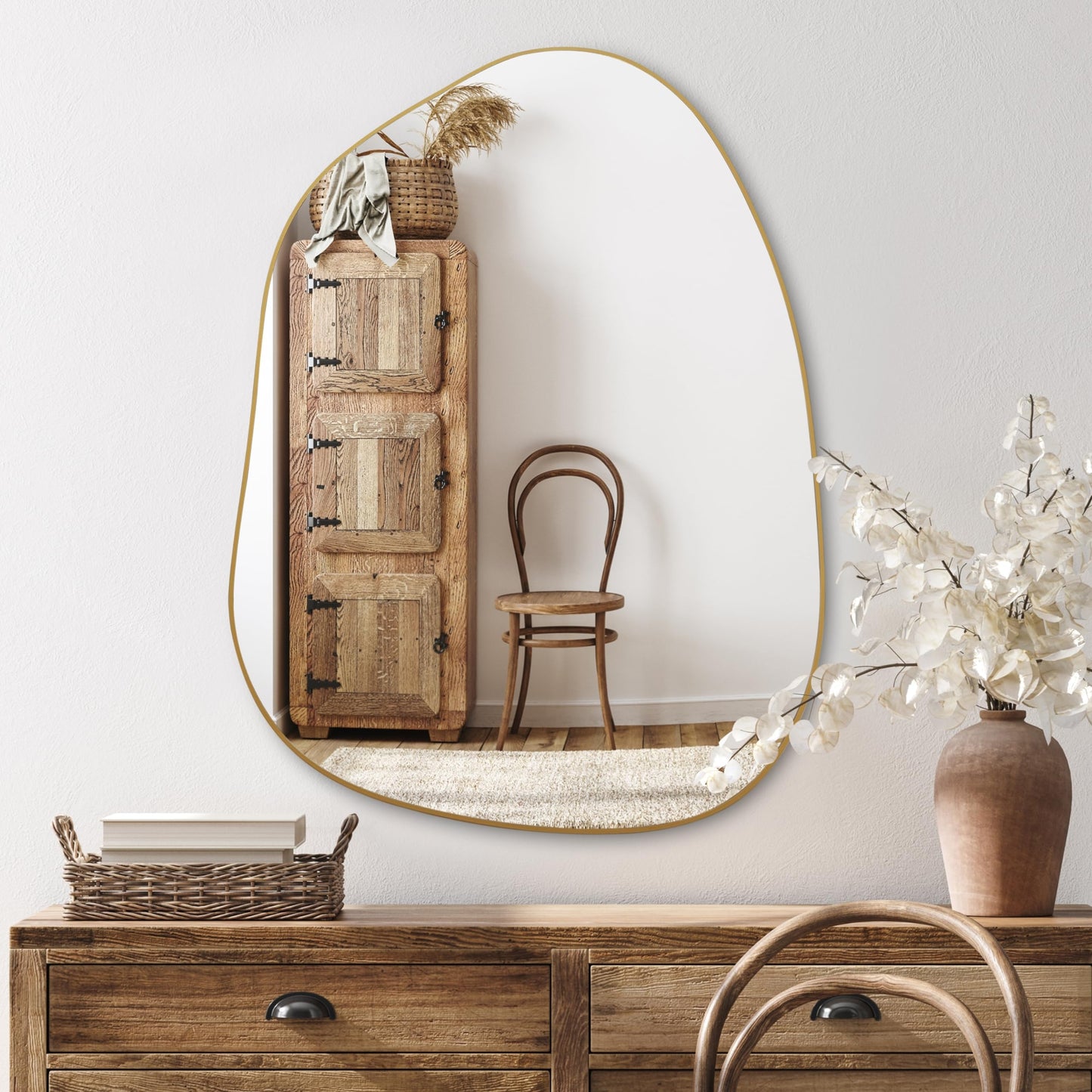 PERFNIQUE Irregular Wall Mirror Asymmetrical Mirror, 32''x24'' Gold Mirror for Bathroom Bedroom Living Room Entryway, Decorative Modern Boho Decor, Wall Mouted(Gold, 32''x24'')