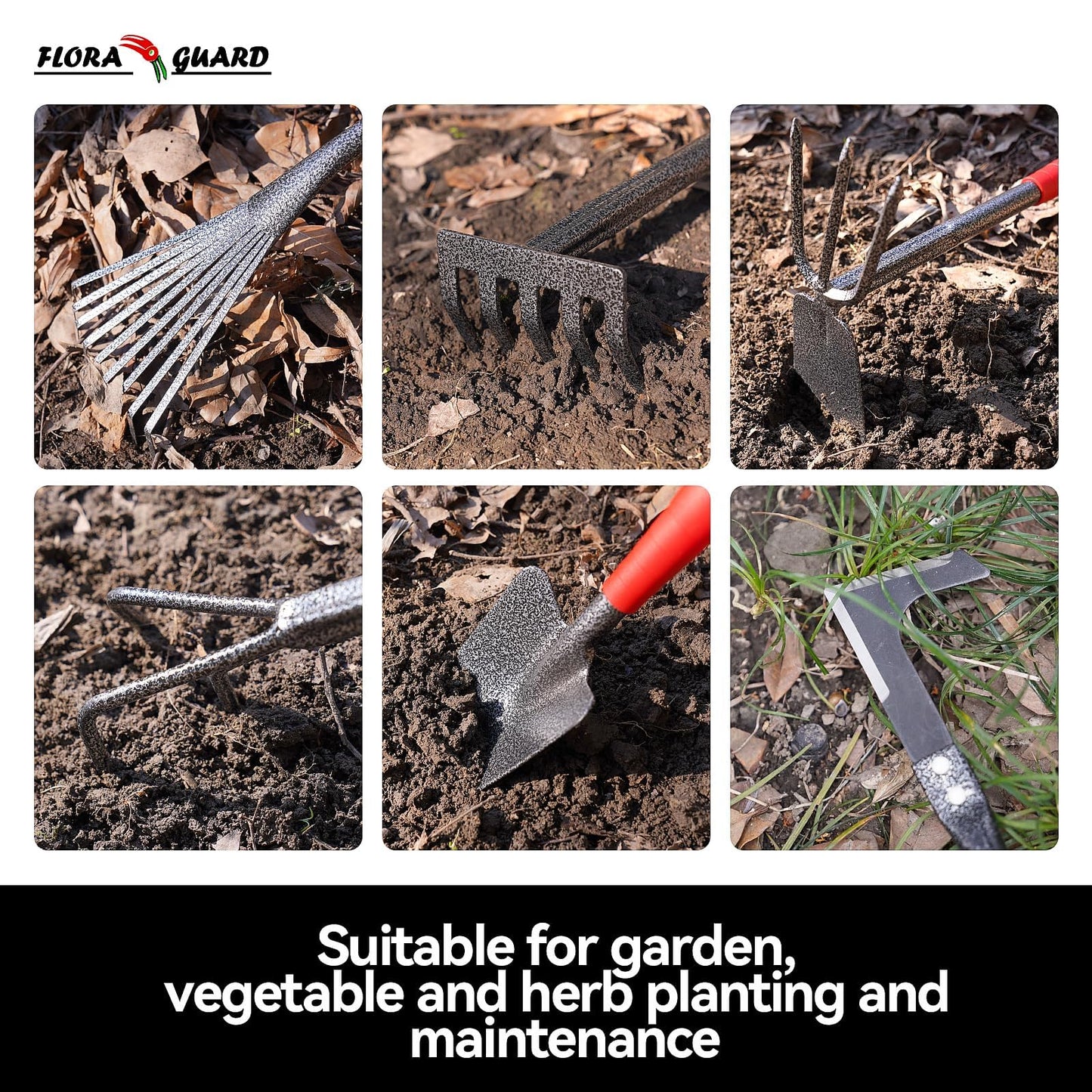 FLORA GUARD 6-Piece Garden Tool Set, Heavy Duty Gardening Hand Tools,Includes Trowel, Rake, 2-in-1 Hoe & Crack Weeder, Durable Yard Gardening Tools, Ideal Gardening Gift for Men & Women