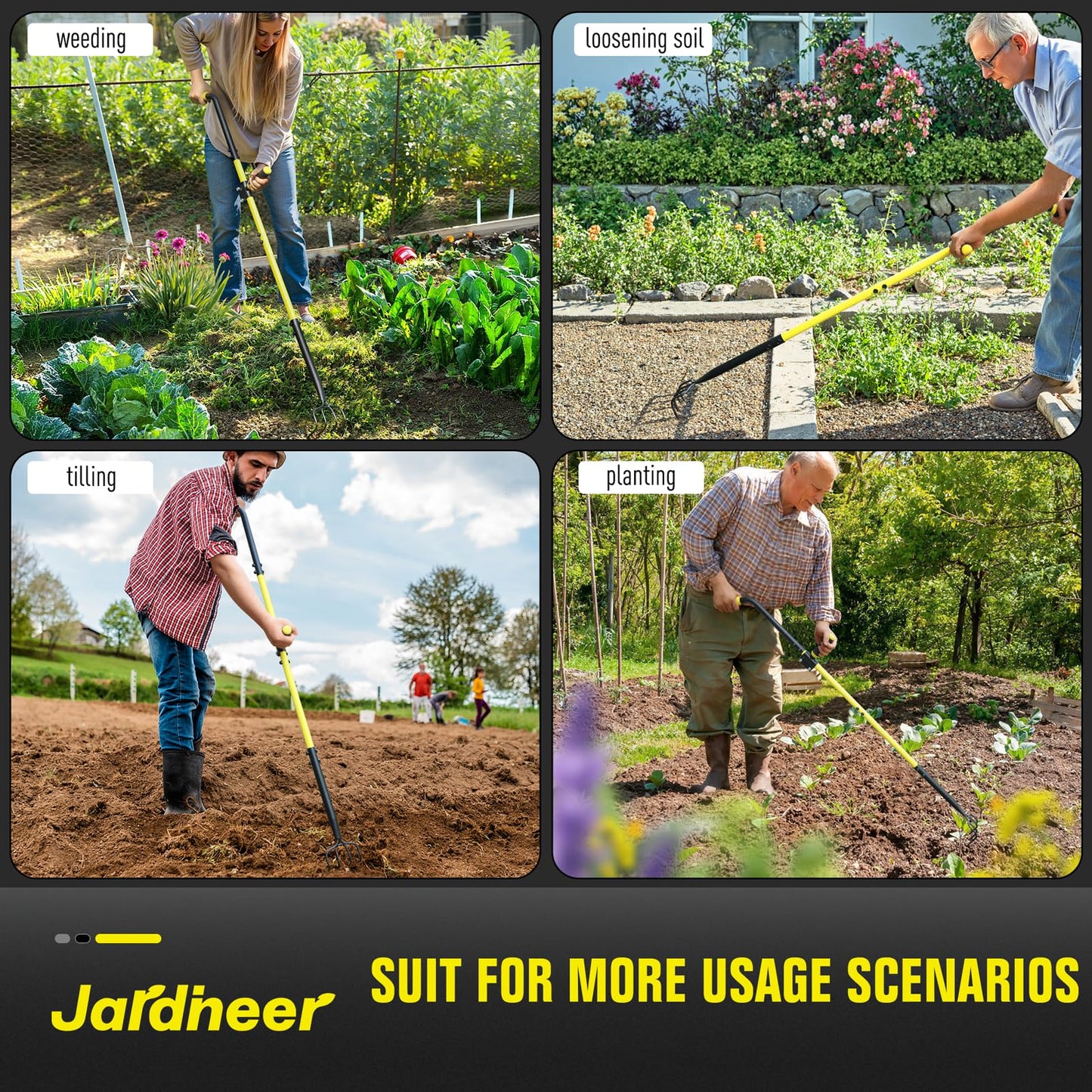 Jardineer 4-Tine Cultivator Rake with Auxiliary Handle, Garden Cultivator Long Handle, Hand Tiller Tool for Gardening Digging Loosening Weeding