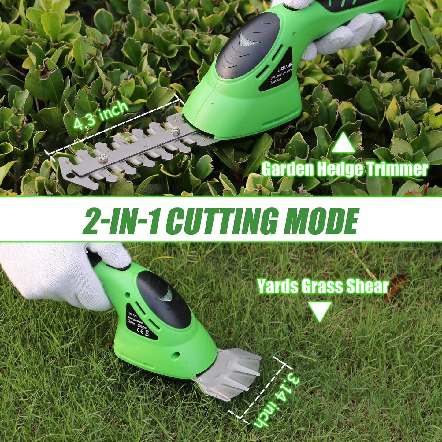 Lichamp 2-in-1 Electric Hand Held Grass Shear Hedge Trimmer Shrubbery Clipper Cordless Battery Powered Rechargeable for Garden and Lawn, CGS-3602 Grass Green