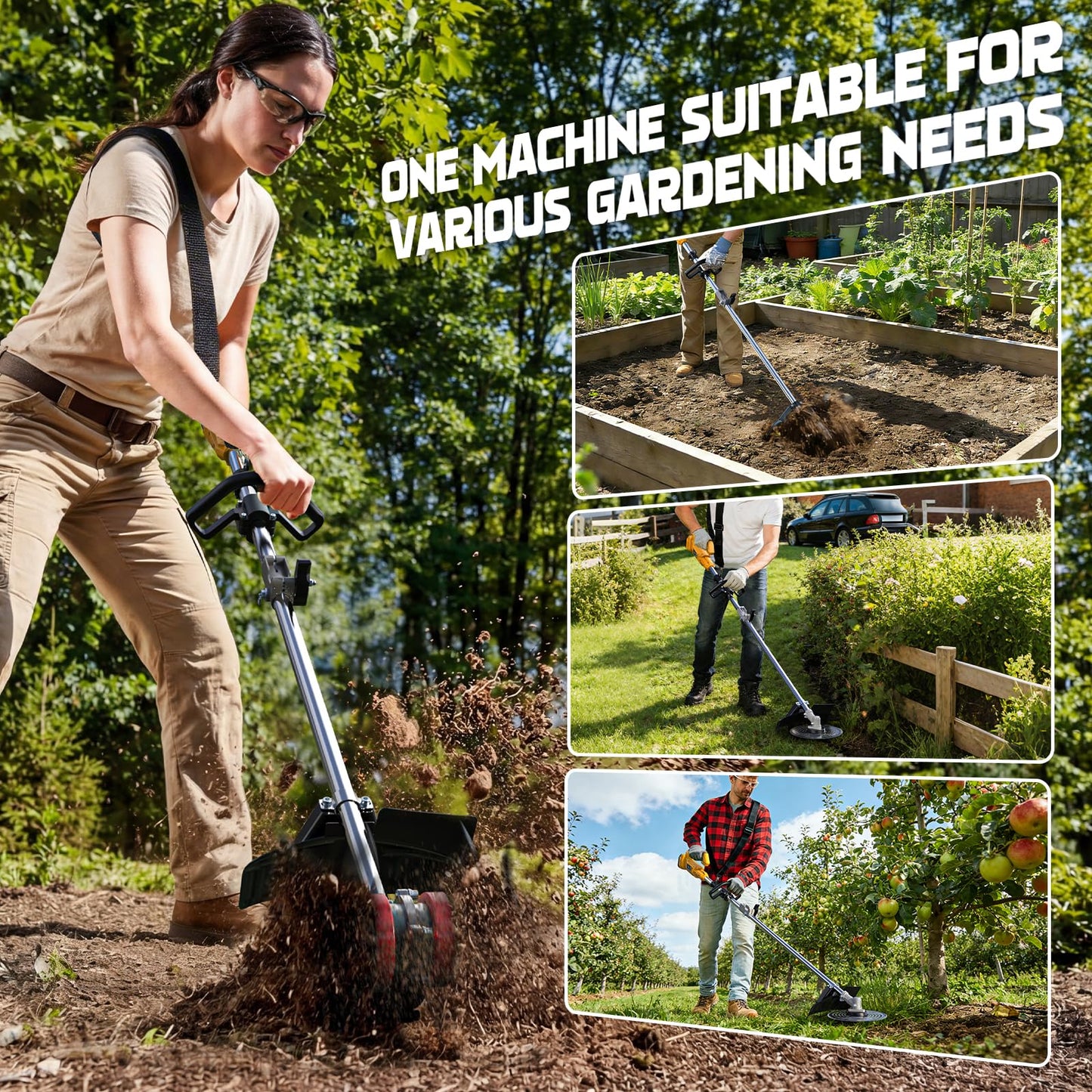 Cordless 2-in-1 Tiller Cultivator & Weed Wacker Compatible with Dewalt 20V Battery (Tool Only), 500RPM Electric Garden Tiller String Trimmer, 9" Tilling Width 9.4" Depth for Soil Lawn Cultivation