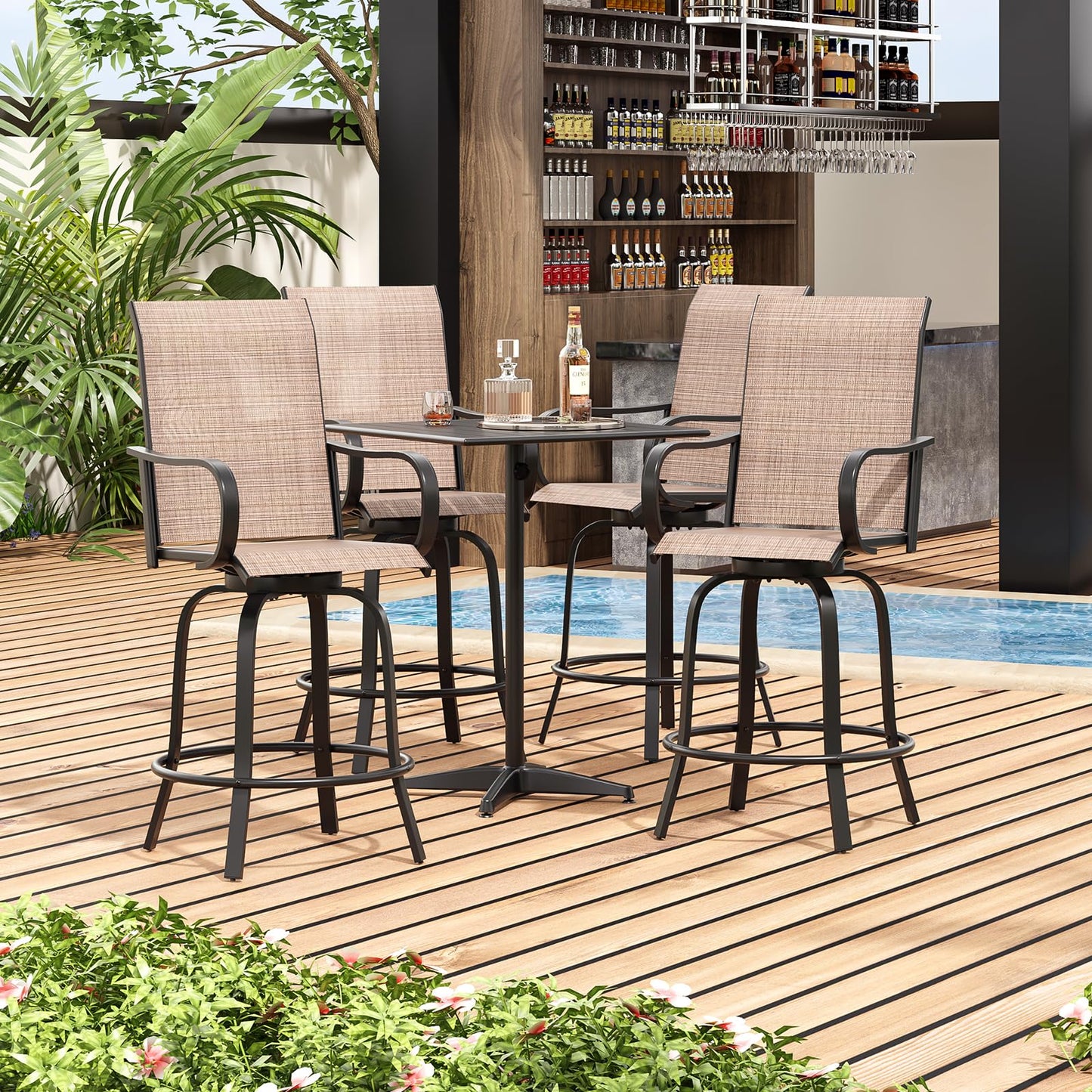 Soohow Outdoor Bar Stools Set of 4, Swivel Patio Barstools with Textilene Fabric, Height Top Patio Chair 360° Swivel, All Weather Use, Ergonomic Comfort Bar Height Tall Outdoor Stools for Balcony