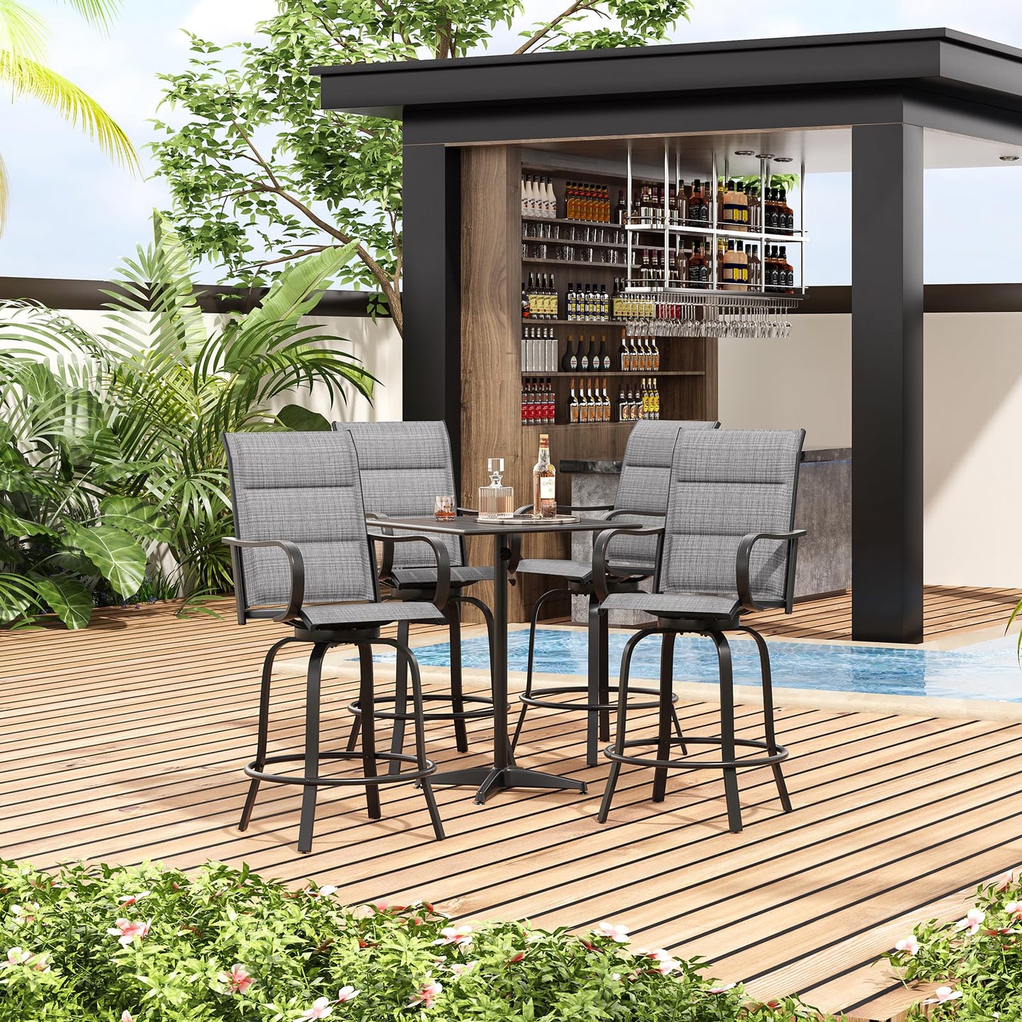 Soohow Swivel Patio Bar Stools Set of 2, Outdoor Barstools with Paded Textilene Fabric, All Weather Bar Height Outdoor Chairs, Tall Swivel Patio Chair for Balcony, Poolside, Yard