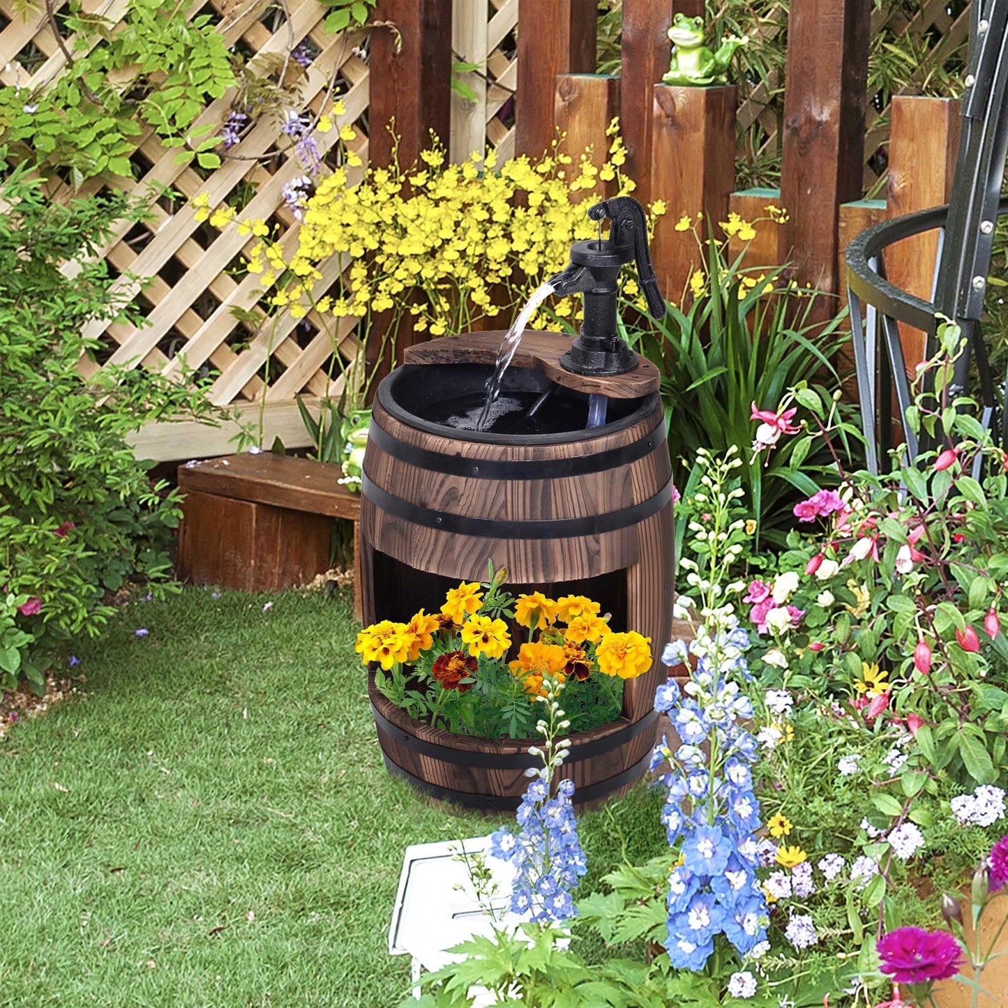 Outsunny 23" H Outdoor Water Fountain Wood and Plastic Rustic Apple Barrel Pump Garden Decor for Outside Backyard