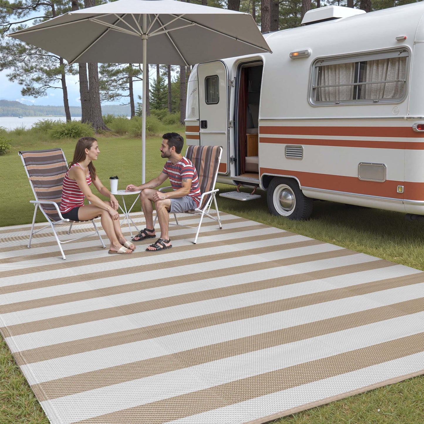 PureCozy Outdoor Waterproof Patio Rug 9x12 Plastic Straw Reversible Lightweight Outside Beige Striped Large Carpet Outdoor for Camping RV Porch Deck Balcony Beach