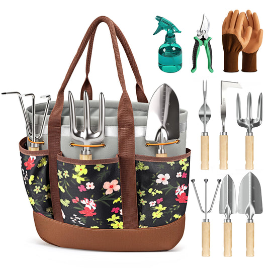 Floraxa 10-Piece Garden Tool Set, Heavy-Duty Stainless Steel Rust-Proof Gardening Tools with Ergonomic Wood Handles, Reinforced Organizer Handbag for Planting, Gardening Gift Set for Women, Mother