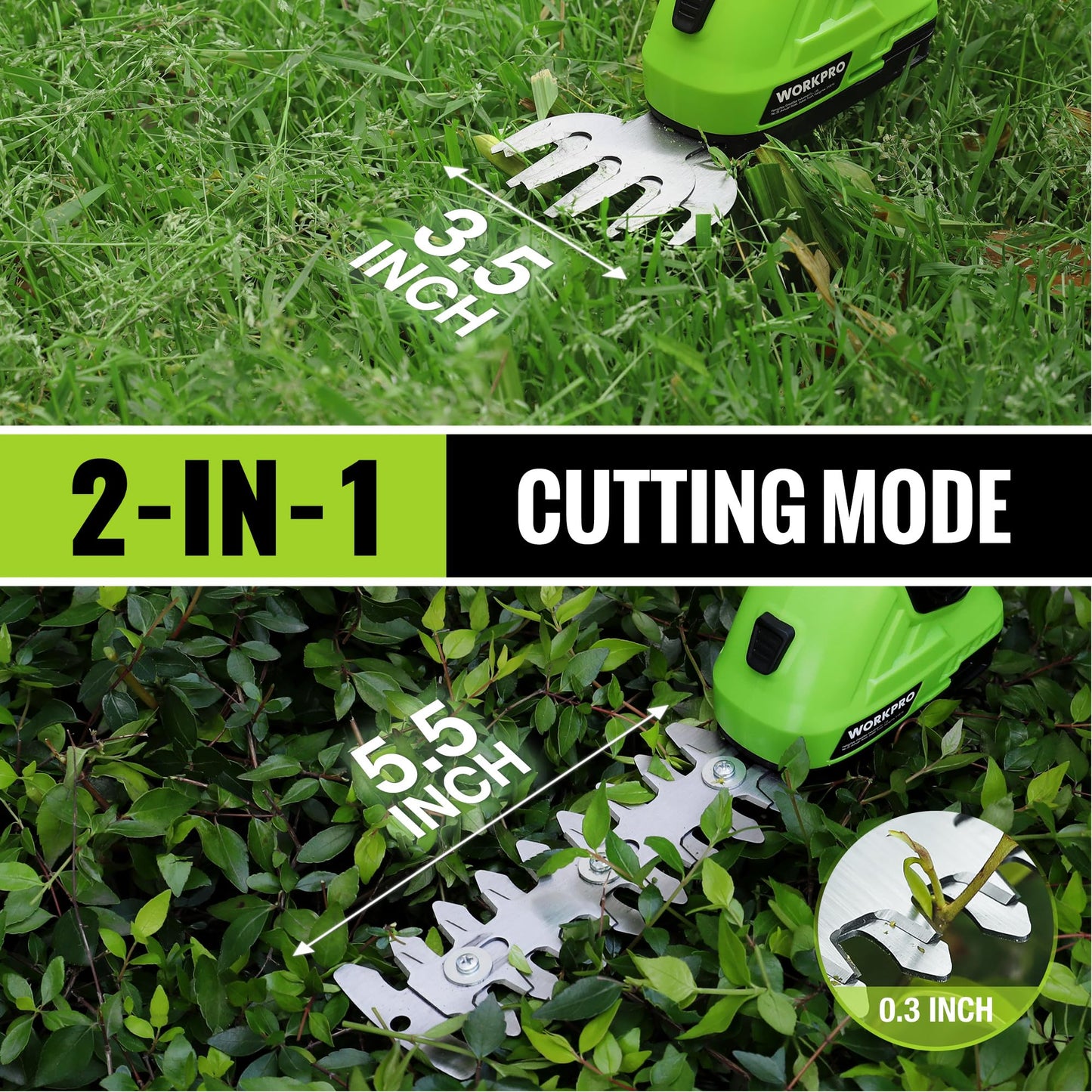 WORKPRO Cordless Grass Shear & Shrubbery Trimmer - 2 in 1 Handheld Hedge Trimmer 7.2V Electric Grass Cutter 2.0Ah Rechargeable Lithium-Ion Battery and USB Cable Included