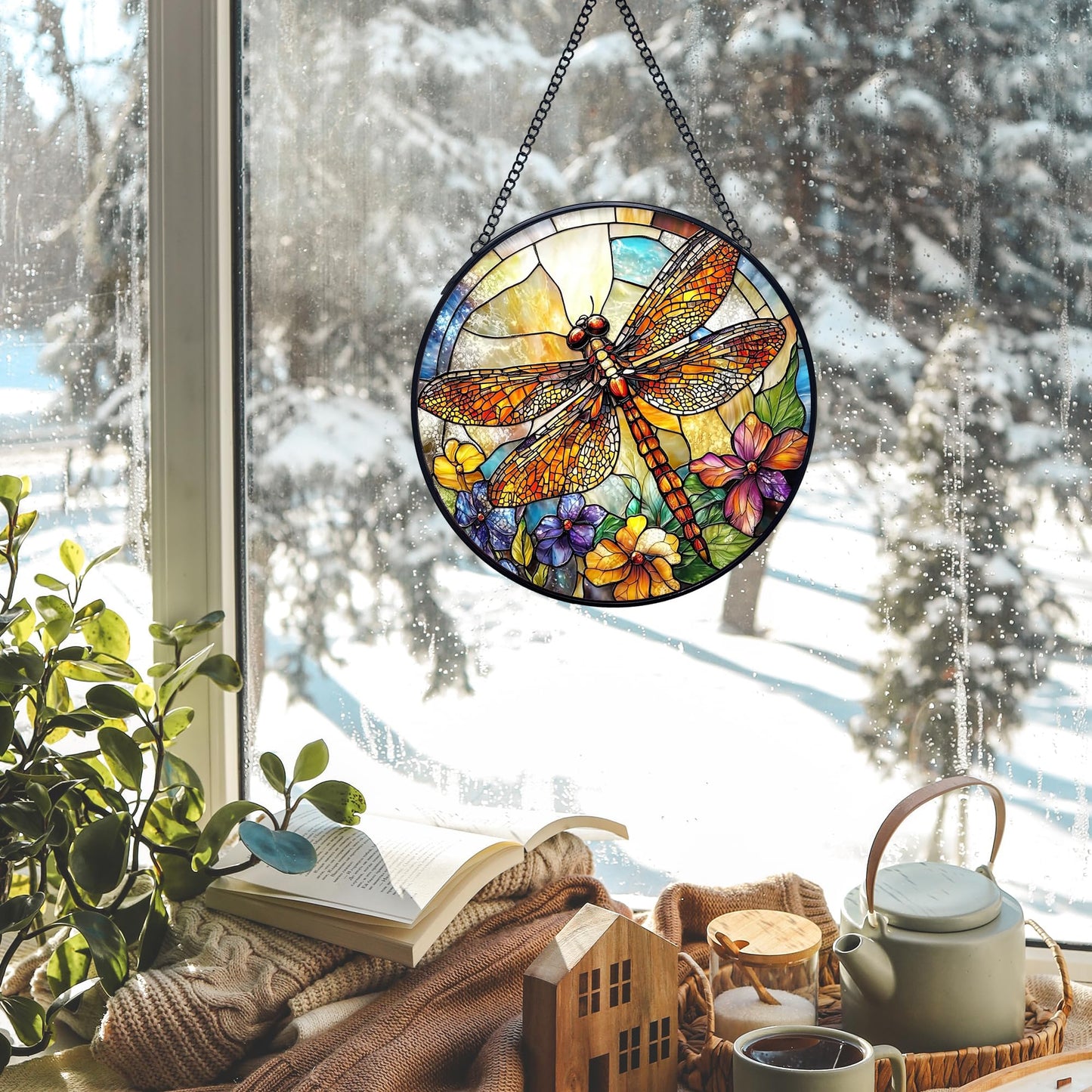 Yjeslw Dragonfly Flower Stained Glass Window Hanging Suncatchers, Dragonfly Sun Catchers Indoor Window Glass Wall Art Decor, Nature Insect Floral Wall Hanging Decorations Sculptures, 7.9x7.9in