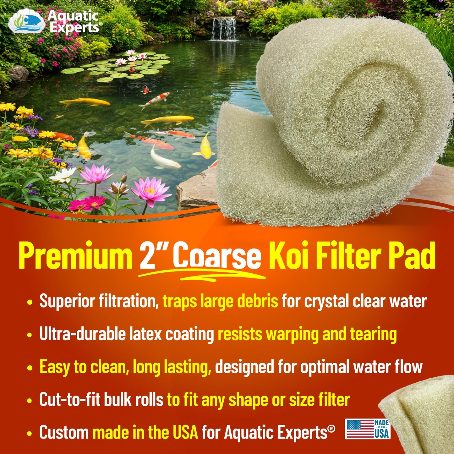 Aquatic Experts Cream COARSE Pond Filter Pad - 2 inch Thick - Bulk Roll Water Garden Filter Pond Media - Made in USA, (18 inch by 36 inch)