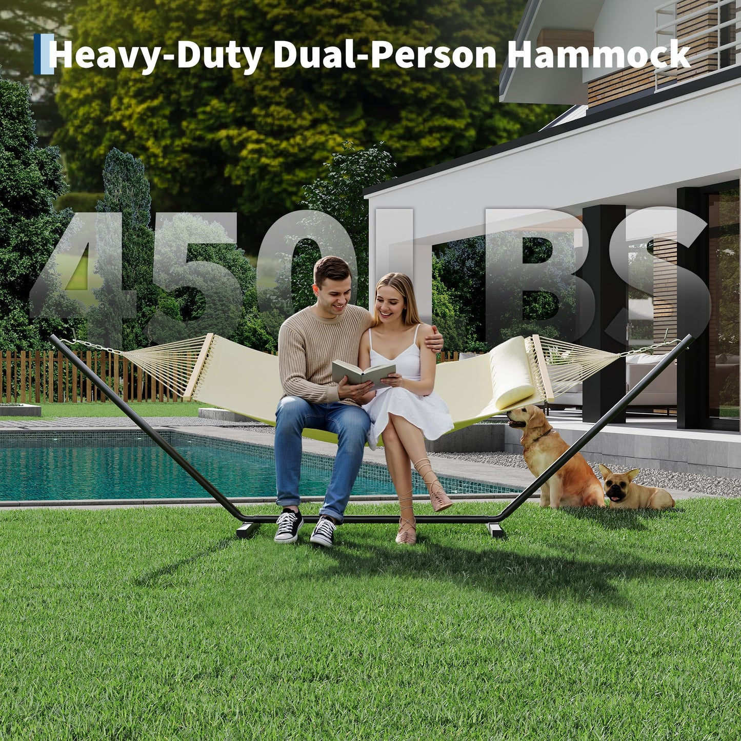 Garvee Double Hammock with Stand for Outdoor, Heavy Duty Portable 2 Person Hammock with Adjustable Steel Stand for Patio, Garden, Beach, Backyard