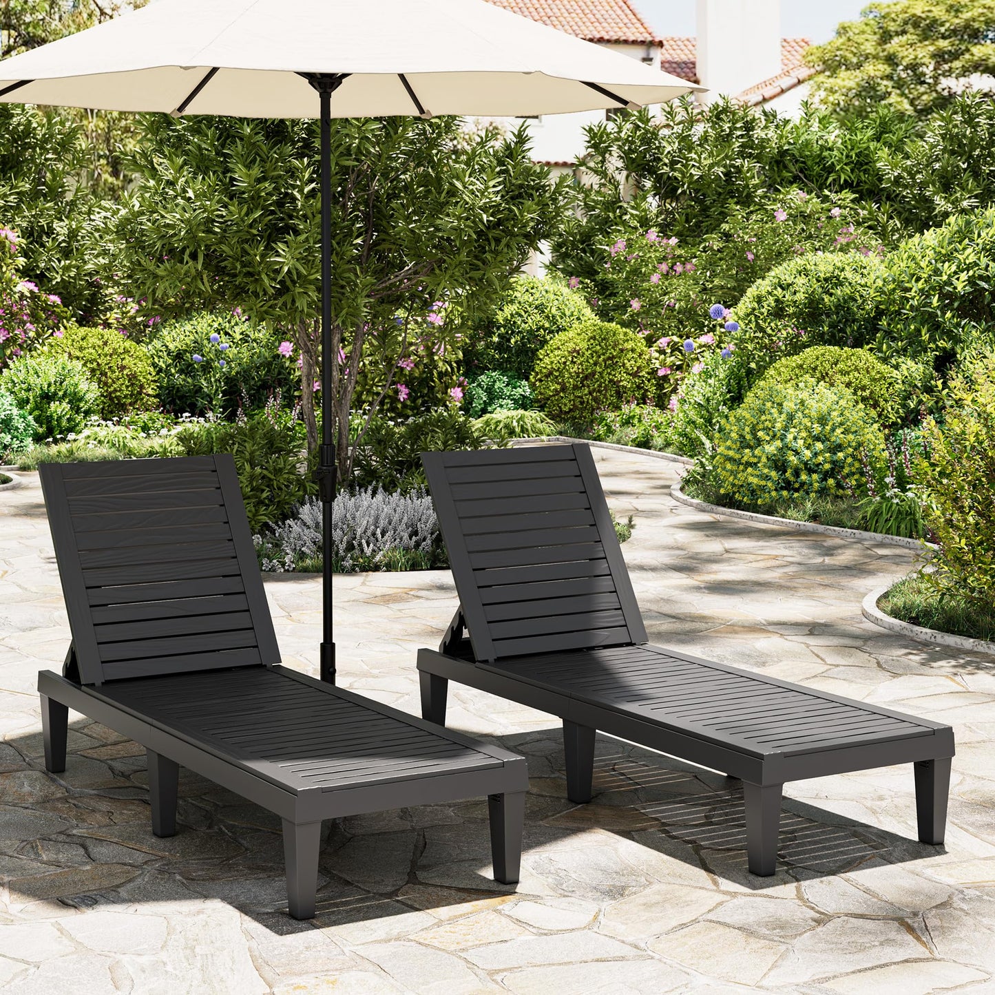 NBYSGO Outdoor Chaise Lounge Chairs Set of 4, 5-Position Adjustable Heavy Duty Tanning Loungers with Wood Texture, All-Weather Resin Patio Recliners for Pool, Garden, Deck, Beach, Black
