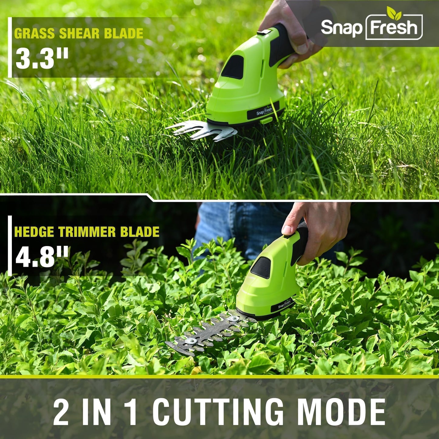 SnapFresh Cordless Grass Shears & Hedge Trimmer, 2-in-1 Handheld Electric Lightweight Hedge & Shrub Trimmer with Battery for Garden Yard Lawn, 2.0Ah Battery & USB-C Charging Cable Included