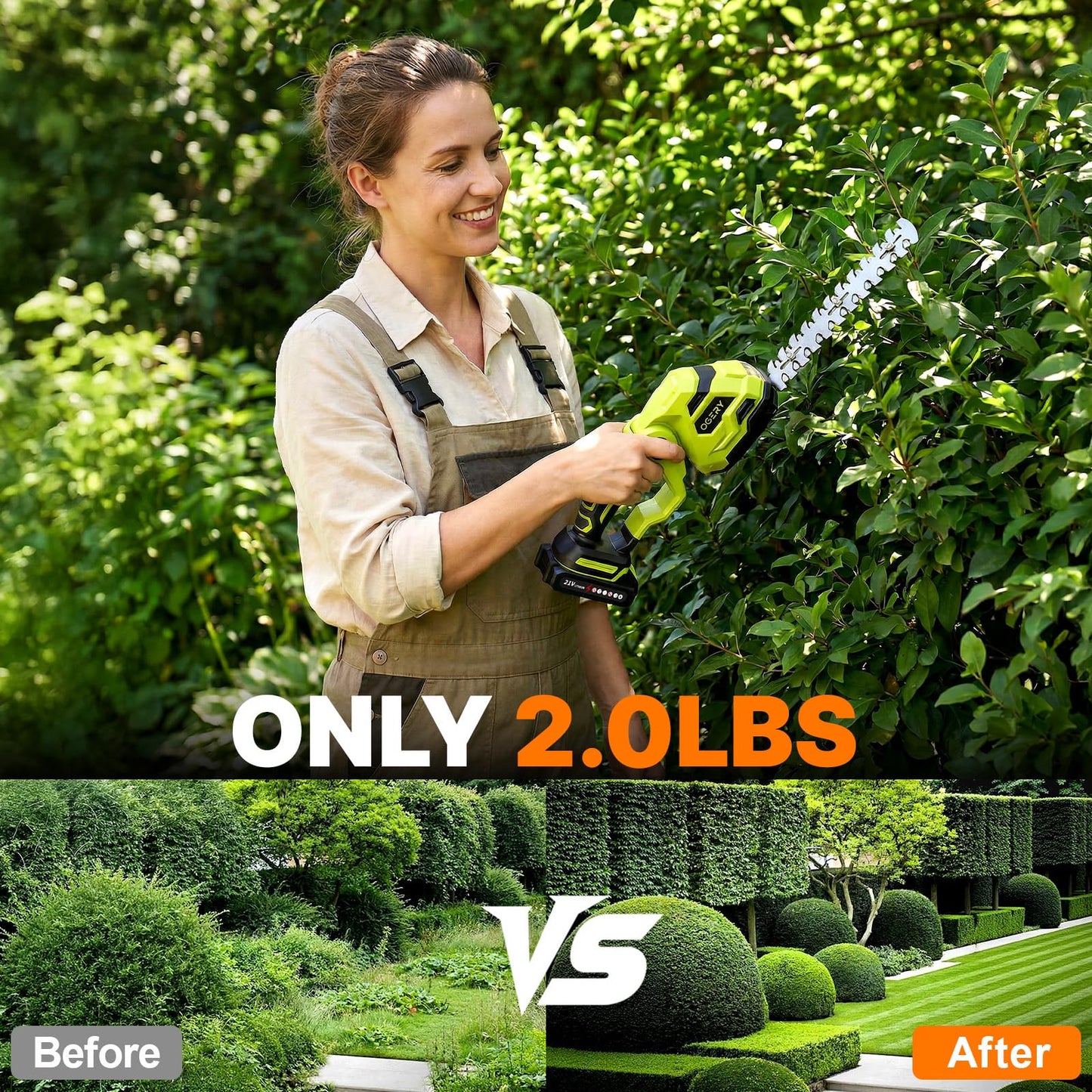 OGERY 21V Cordless Hedge Trimmer & Grass Shears, 2-in-1 Powerful Dual Batteries Electric Bush Trimmer with 8.9” Hedge Blade & 5.1” Grass Trimmer, Adjustable Angle, Lightweight for Garden & Lawn Care