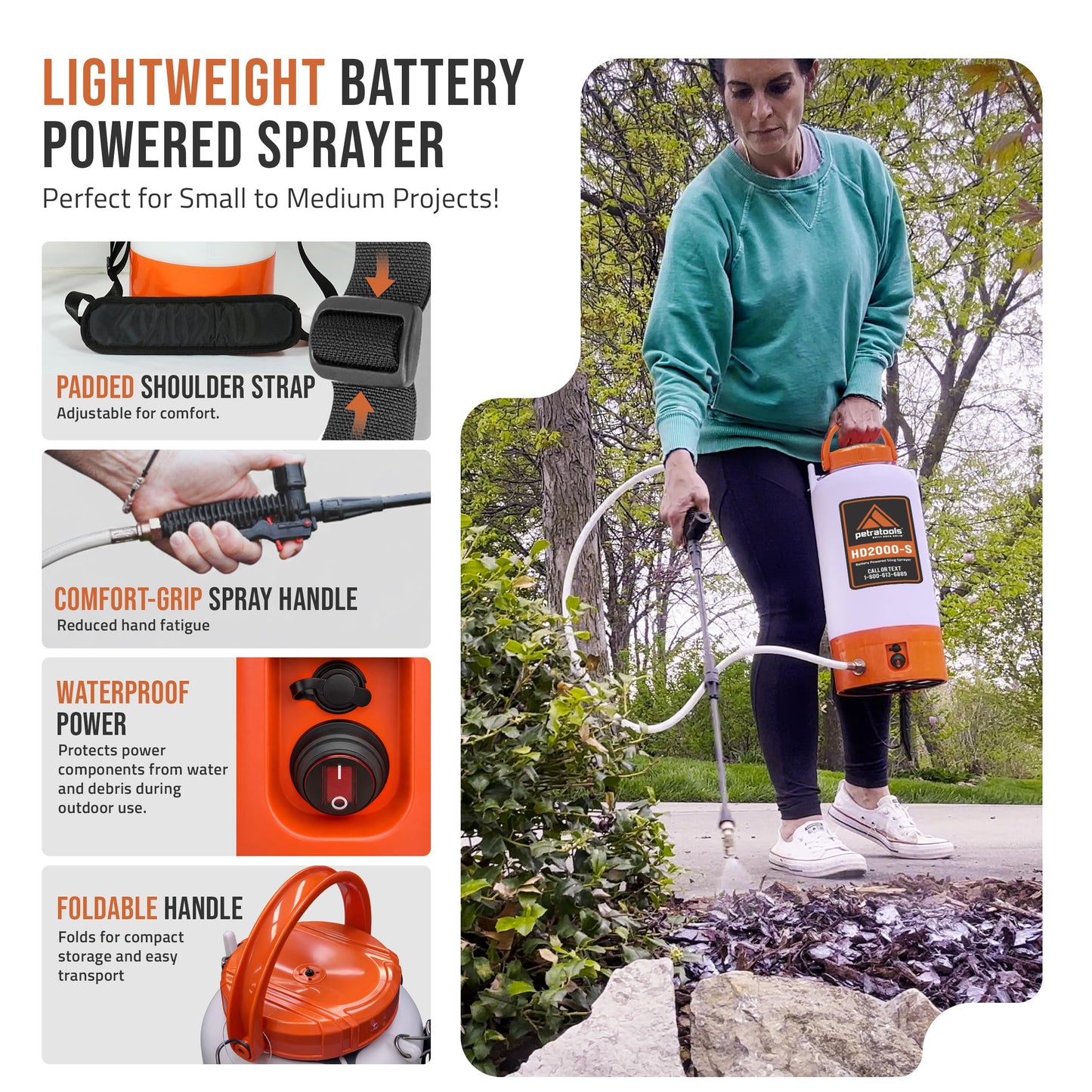 PetraTools Battery Powered Sprayer 2 Gallon - HD2000-S - Heavy Duty Electric Sprayer for Lawn and Garden Weed/Pest Control, Watering - with Battery, Charger & 2 Nozzles (2 Gallon)
