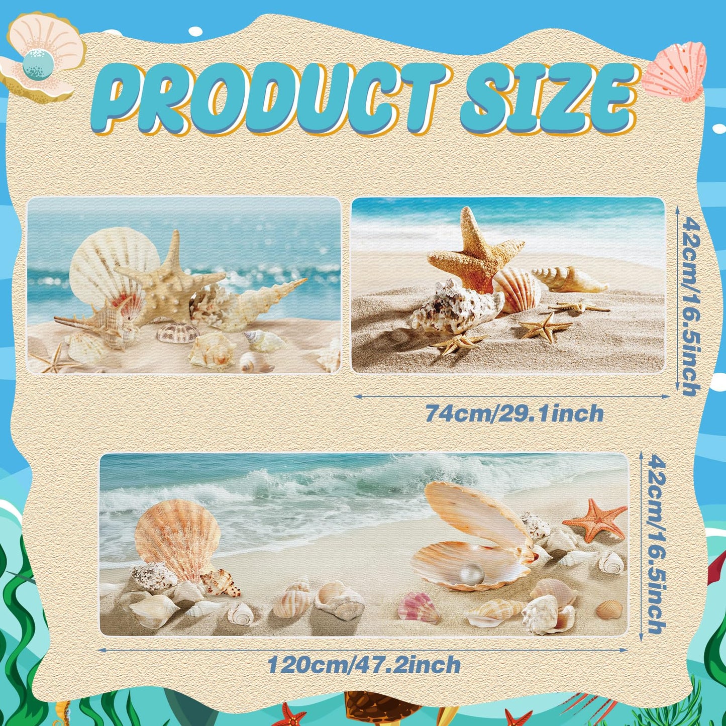 Drydiet 3 Pcs Beach Theme Kitchen Rugs and Mats Set Sea Ocean Non Slip Area Rug Coastal Starfish Shell Waterproof Floor Mat for Summer Kitchen Hallway Home Door Party Decor, 17 x 29 and 17 x 47 Inch