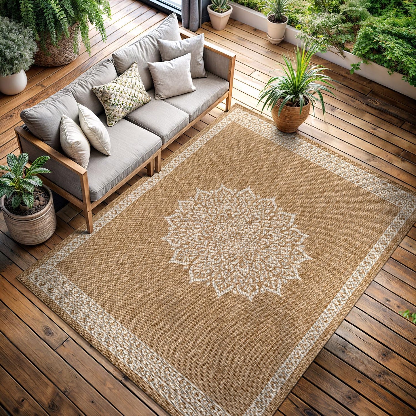 CAMILSON Outdoor Rug 10x14 Medallion Natural Modern Large Area Rugs for Indoor and Outdoor Patios Kitchen and Hallway Mats Washable Porch Deck Outside Carpet (Medallion Natural 10 x 14)
