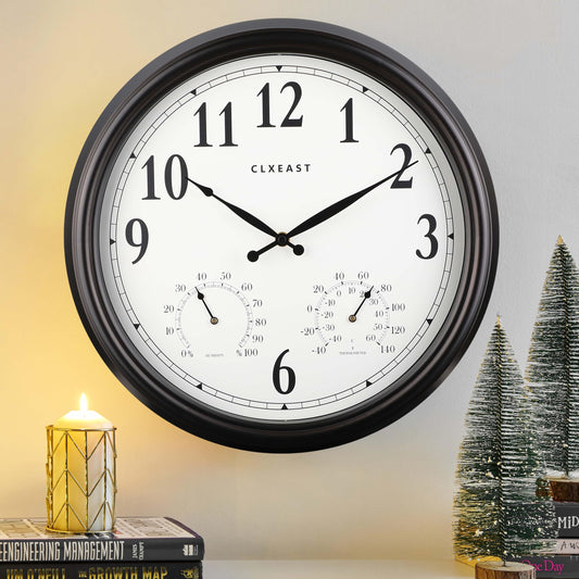CLXEAST Outdoor Clocks for Patio Large Waterproof with Thermometer,18 inch Outdoor Wall Clock with Temperature and Humidity Combo,Weatherproof,Oil Rubbed Bronze,Spring Garden Decor