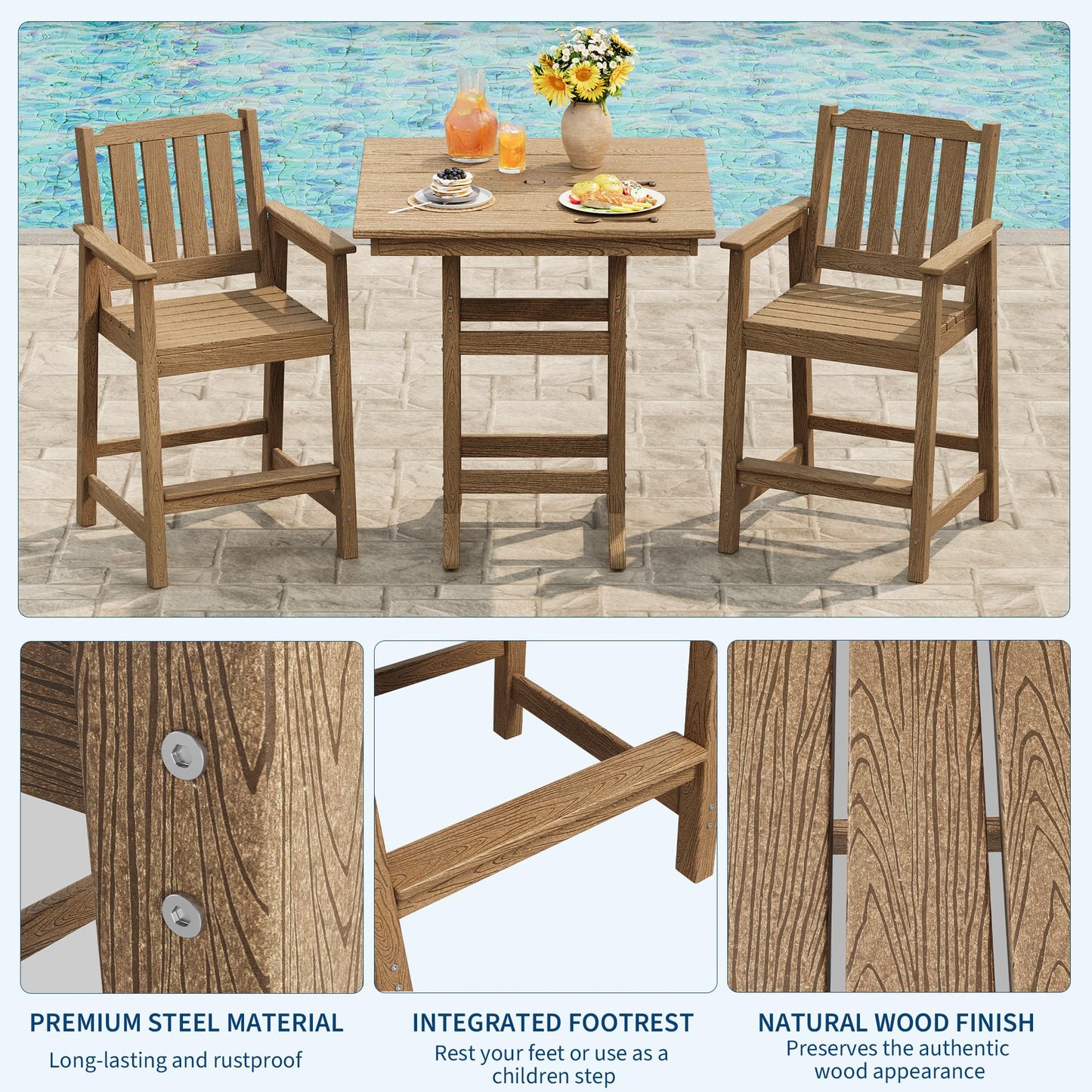 Garvee 3-Piece Outdoor Adirondack Bar Set, Patio Bar Table with 2 Bar Chairs, HDPE All-Weather Patio Bar Furniture Set with Umbrella Hole, for Balcony, Backyard, Poolside, Bistro