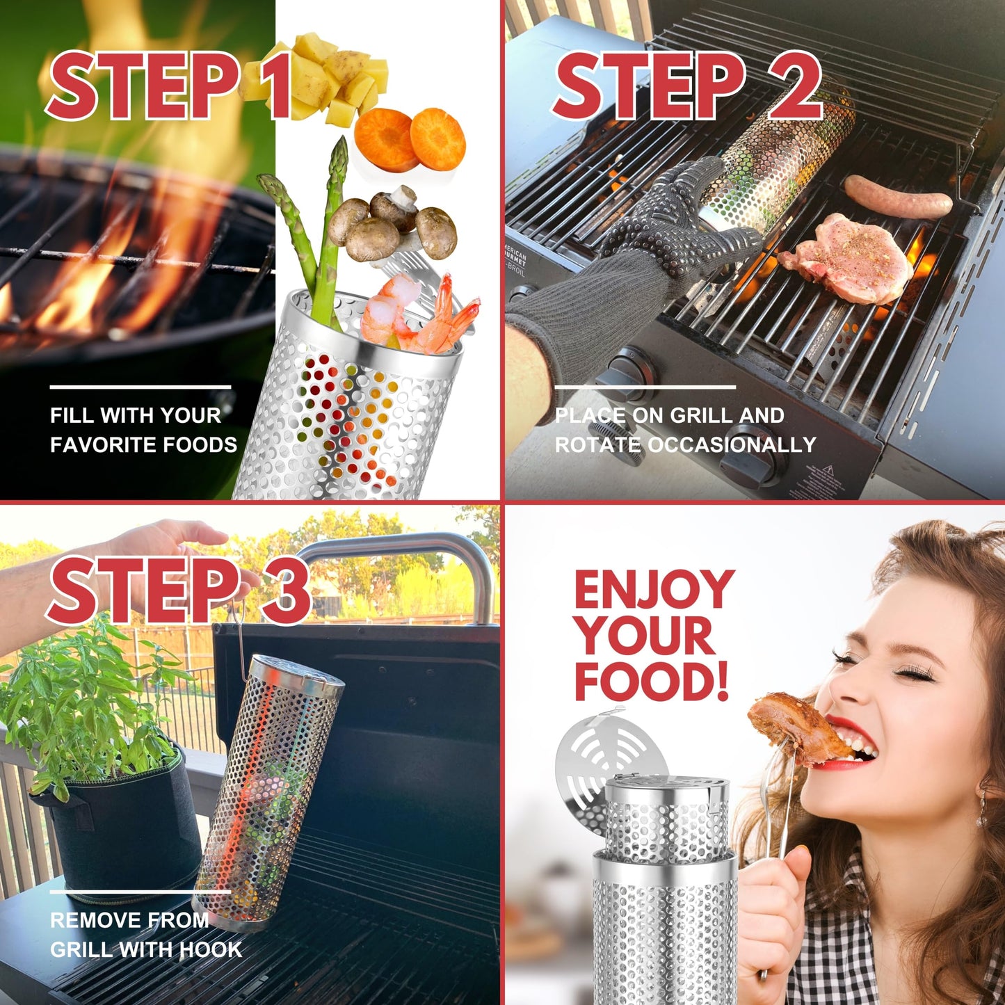 BigStep Large Capacity Round Grilling Baskets (2 Pcs) with Snap-Fit Latch - XL Grill Basket with USA Flag engraving - Includes Heat-Resistant Grilling Glove and Lifting Hook