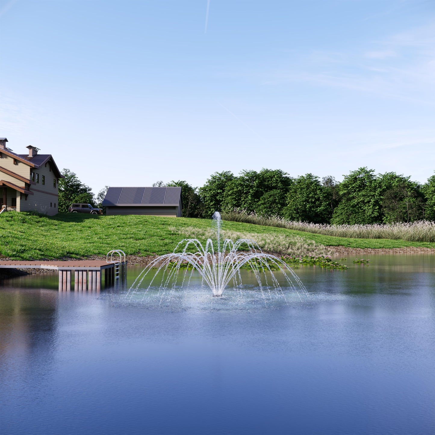 HQUA FS01 120V, 1/2HP, Large Pond Floating Fountain with FSL01 LED RGB Color-Changing Light Sets, 100’ Cord, 13000 GPH, Two Spray Patterns 32'x12' and 18'x6'