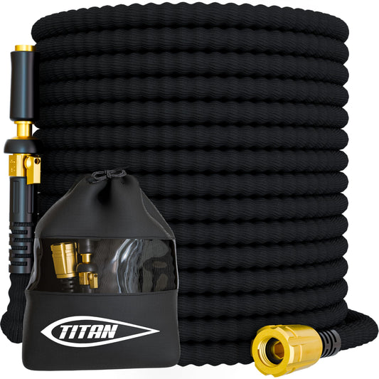 TITAN Flexible Garden Hose 100FT – Ultra Lightweight, Heavy Duty Water Hose with Brass Fittings & Jet Nozzle – Kink-Free, Non-Expanding, Durable Fabric Hose for Yard, Lawn, Car Wash, Outdoor Use