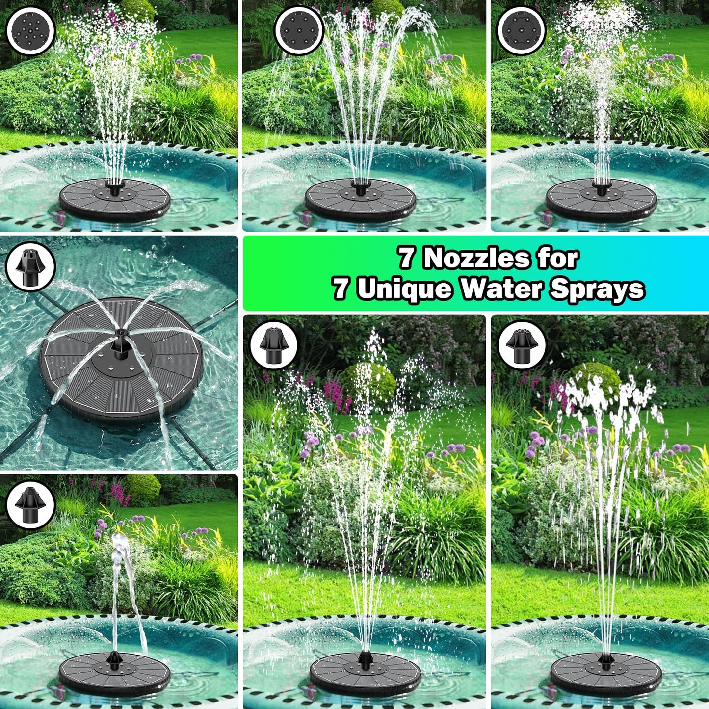 SZMP 3.5W Glass Solar Fountain with Swivel-Out Fixed Rods, Solar Bird Bath Fountains with LED Lights and 2000mAh Battery, 7 Nozzles, Outdoor Solar Water Fountain Pump for Garden, Pool, Pond (Black)