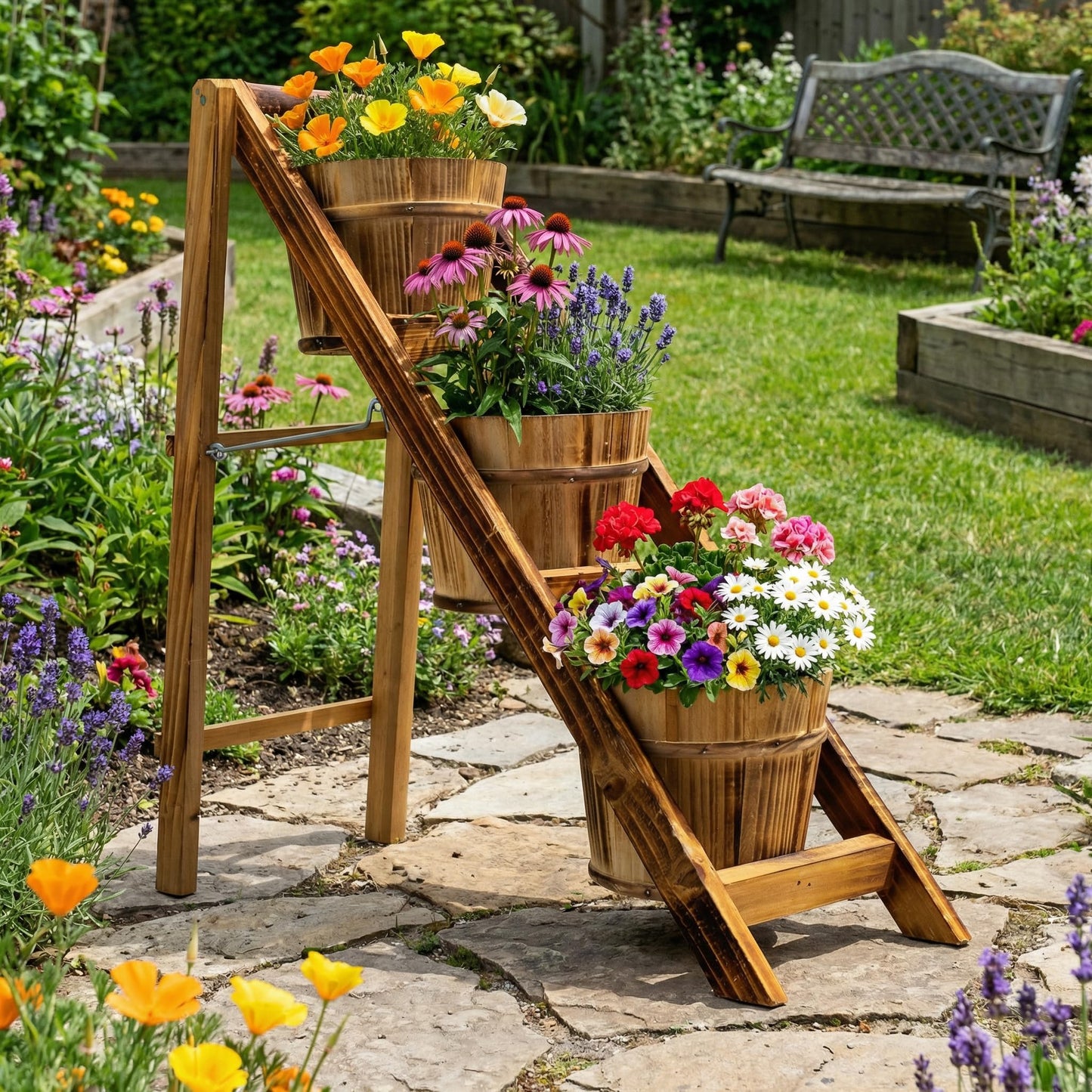 HORTICAN Rustic Foldable 3-Tier Wooden Planter - Space-Saving Vertical Plant Stand for Indoor/Outdoor (Patio, Balcony, Living Room)