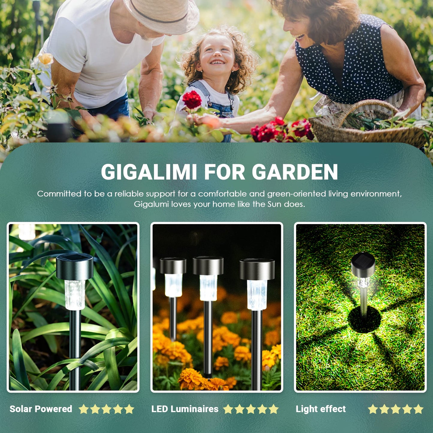 GIGALUMI 16 Pack Solar Lights Outdoor Waterproof,Stainless Steel LED Solar Garden Lights for Patio, Lawn, Yard and Landscape(Cold White)