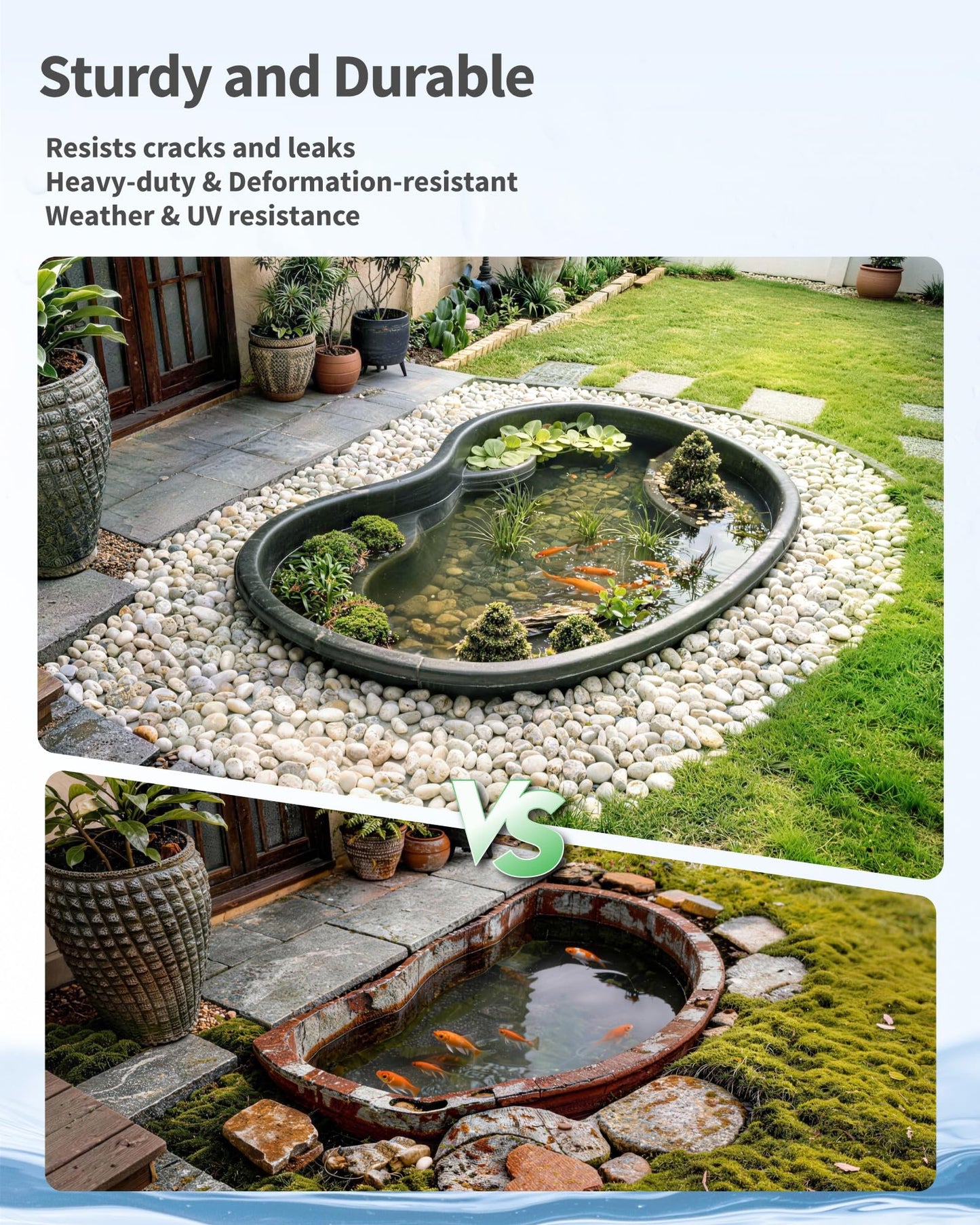 POPOSOAP Preformed Pond Liner, 33 Gallon Rigid Pond Liner with Integrated Plant Shelves, Heavy Duty U-V Resistant Plastic Preformed Pond for Backyard, Patio, Fountain,Water Lily and Koi Pond-P797