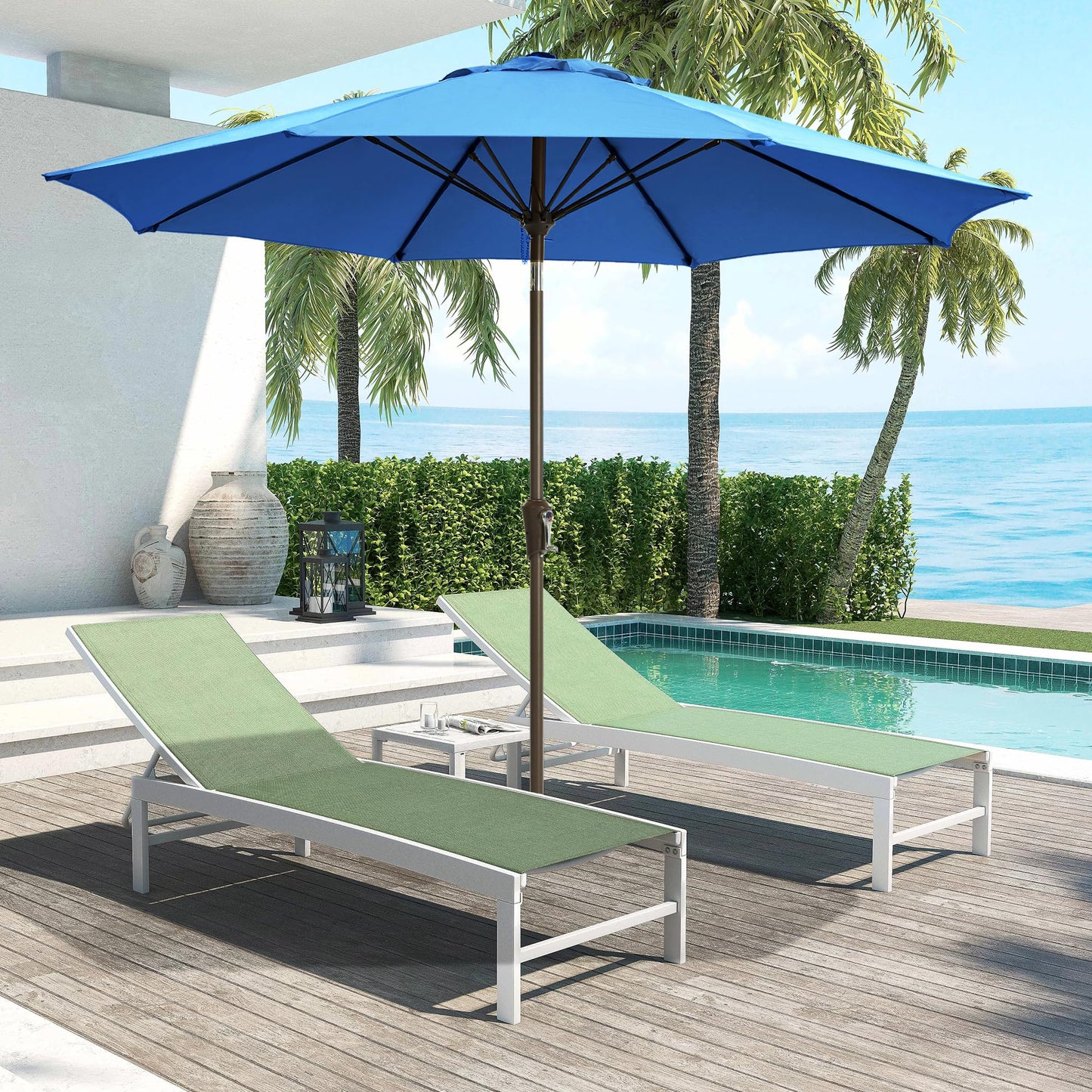 LOUNZY 9FT Large Outdoor Patio Umbrella Table Umbrella-UV Resistant,Easy Push Button Tilt and Crank,8 Sturdy Fiberglass Ribs Pool Umbrella for Patio,Backyard,Deck,Yard,Market,Blue