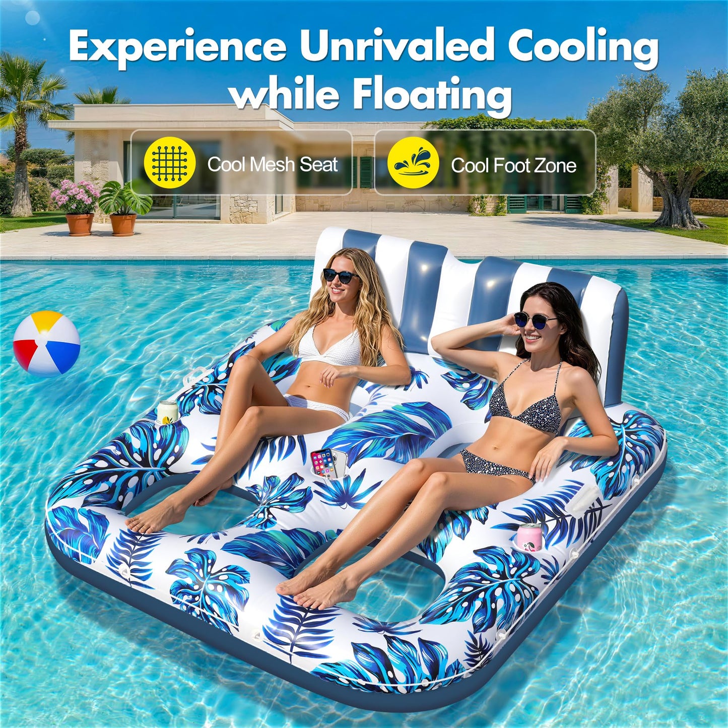 Sinbyuer 2 Person Inflatable Pool Floats Adult, 66x62 Inch Pool Lounger Float with Cup Holders & Backrest, 0.4mm Thickened Pool Float Recliner Pool Rafts, Floating Pool Chair Water Floaties for Adults
