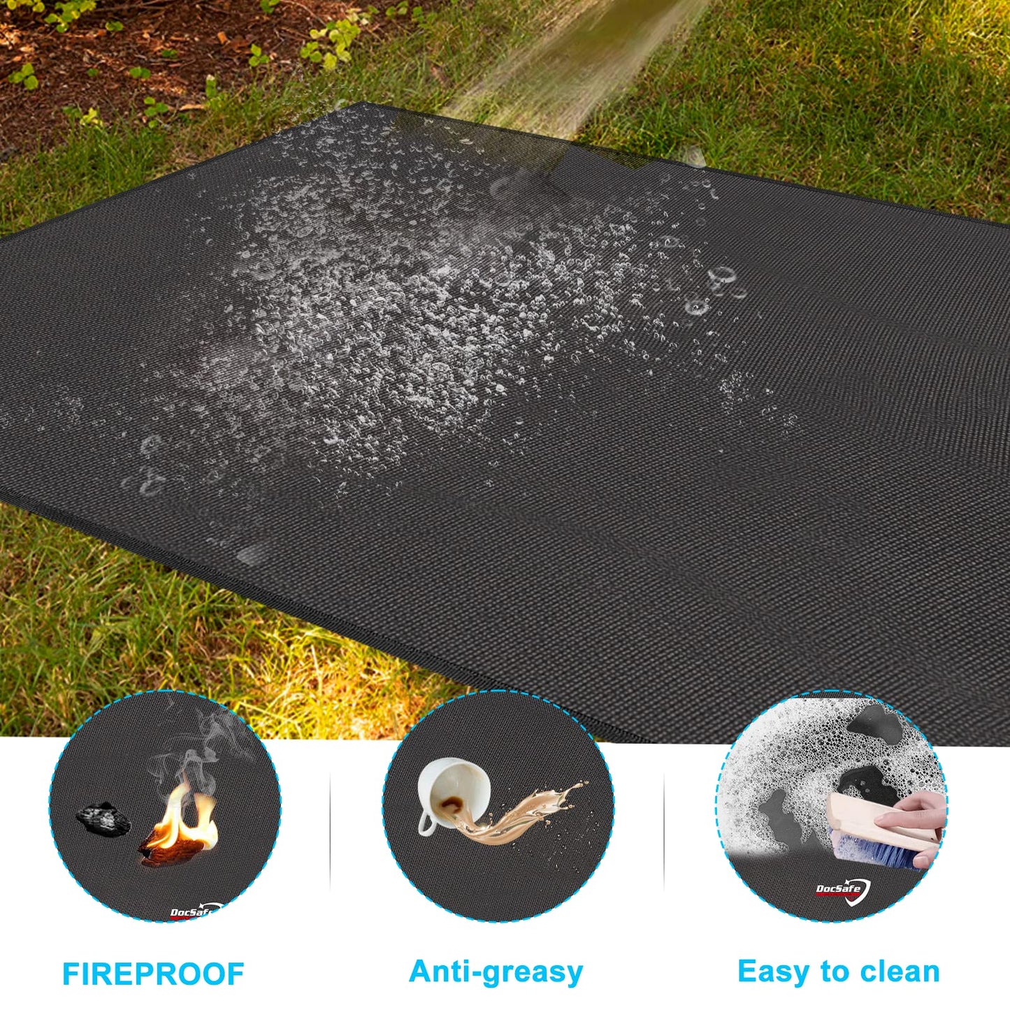 DocSafe 65 x 42 inches Under Grill Mat,Large 4 Layers Fire Pit Mat,Fireproof Mat Heat Insulated Protector for Deck,Patio,Grass,Smoker,BBQ,Reusable Oil-Proof and Waterproof Indoor Fireplace Pad,Black