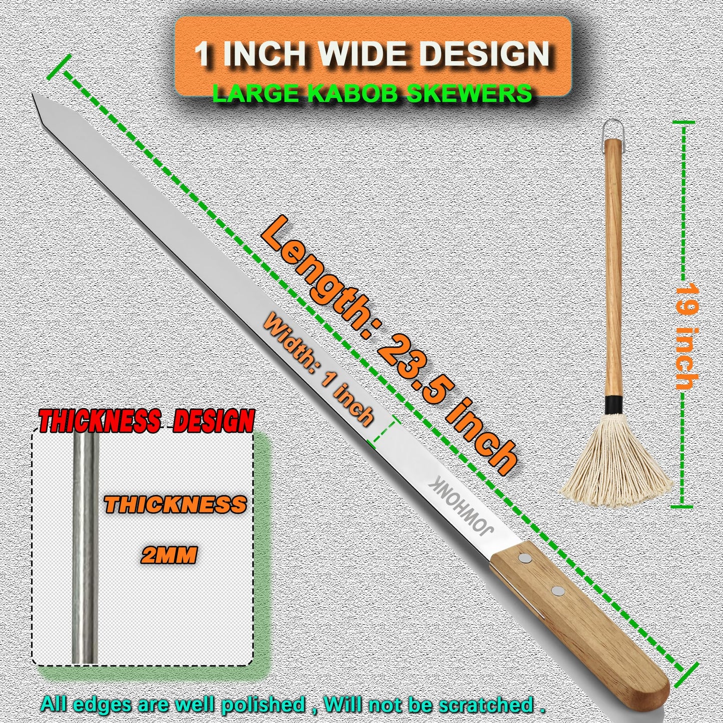 JOWHONK 23.5" Long Kabob Skewers,1 Inch Wide 304 Stainless Steel Barbecue Skewers for Grilling with Wooden Handle,Metal Flat BBQ Skewer for Koubideh Brazilian Shish Kebab Skewer(8),BBQ Mop Brush(1)