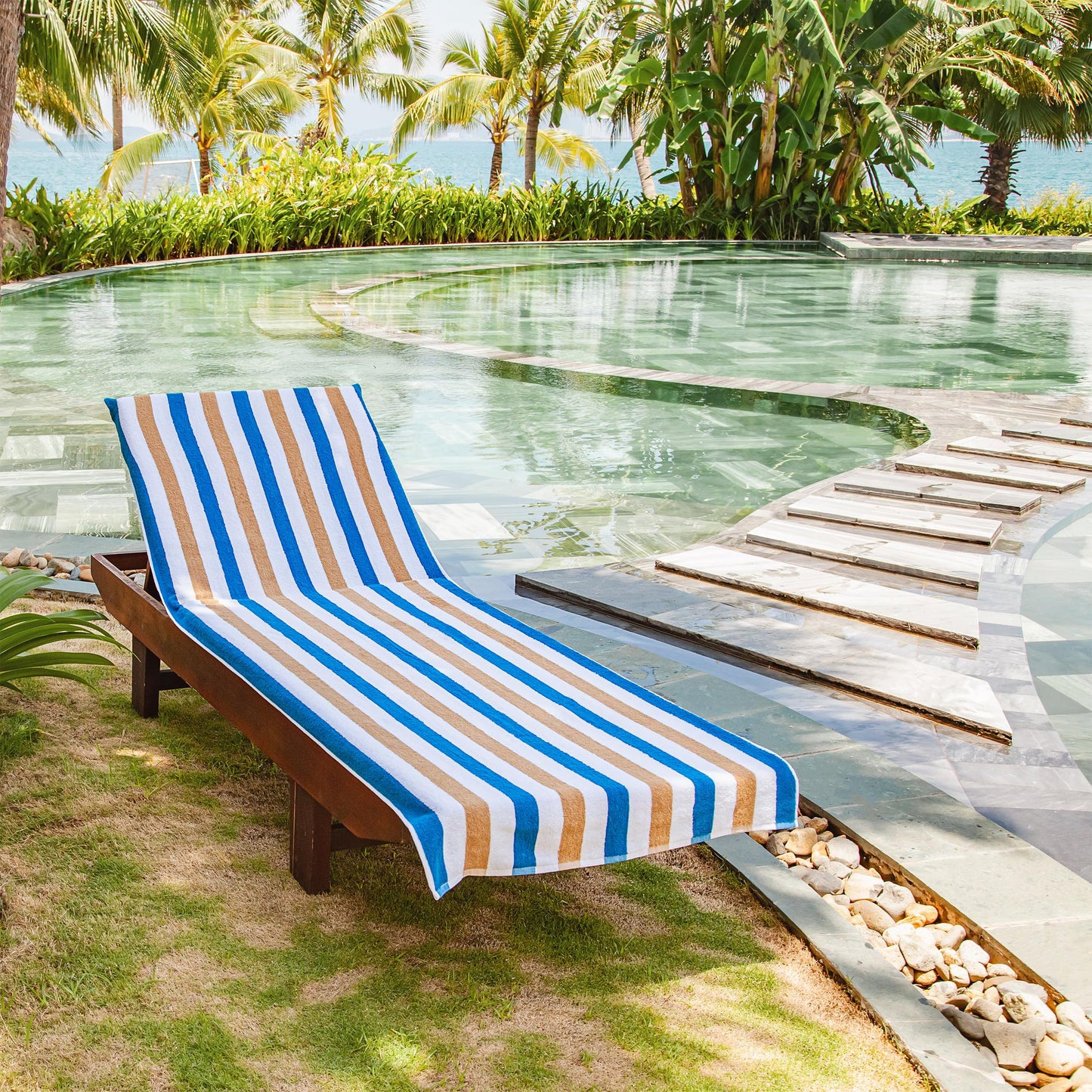 Arkwright Cabo Chaise Lounge Cover Towel with Pocket - Pack of 2 - Striped 100% Cotton Cabana Cover for Beach Pool Outdoor Chairs, 30 x 85 in, Royal Blue/Café Ole